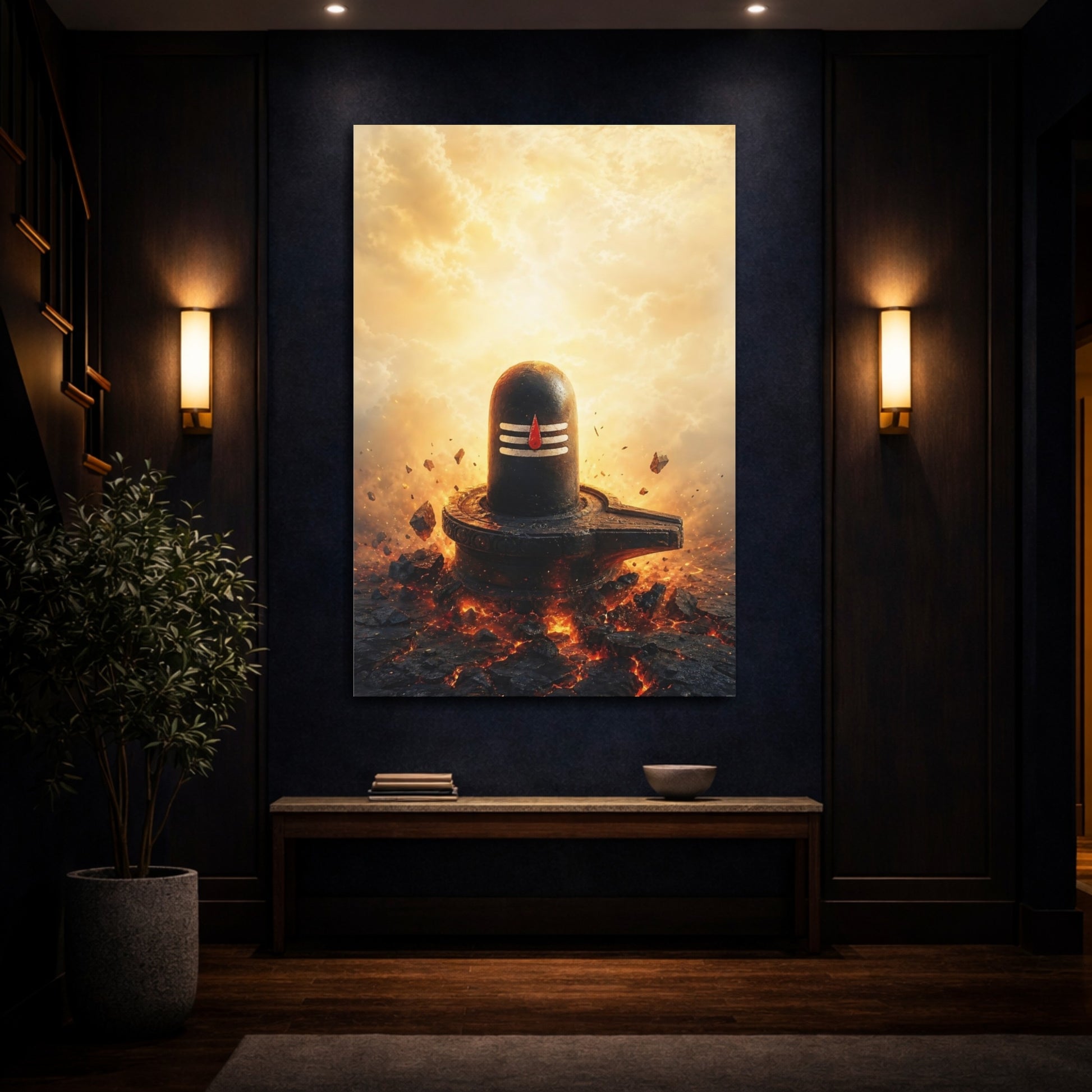 Mockup 4. Religious Shiva Lingam Black And Orange shown as stretched canvas wall art