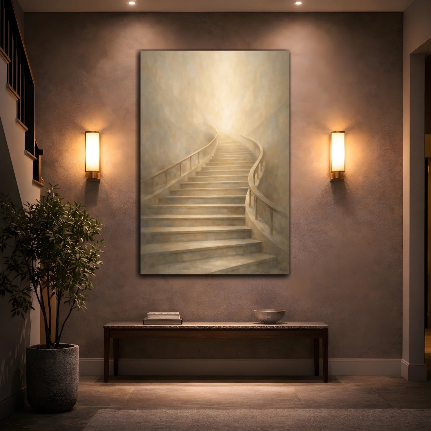 Religious Staircase Warm Beige - Canvas Wall Art Print - YesArtYes
