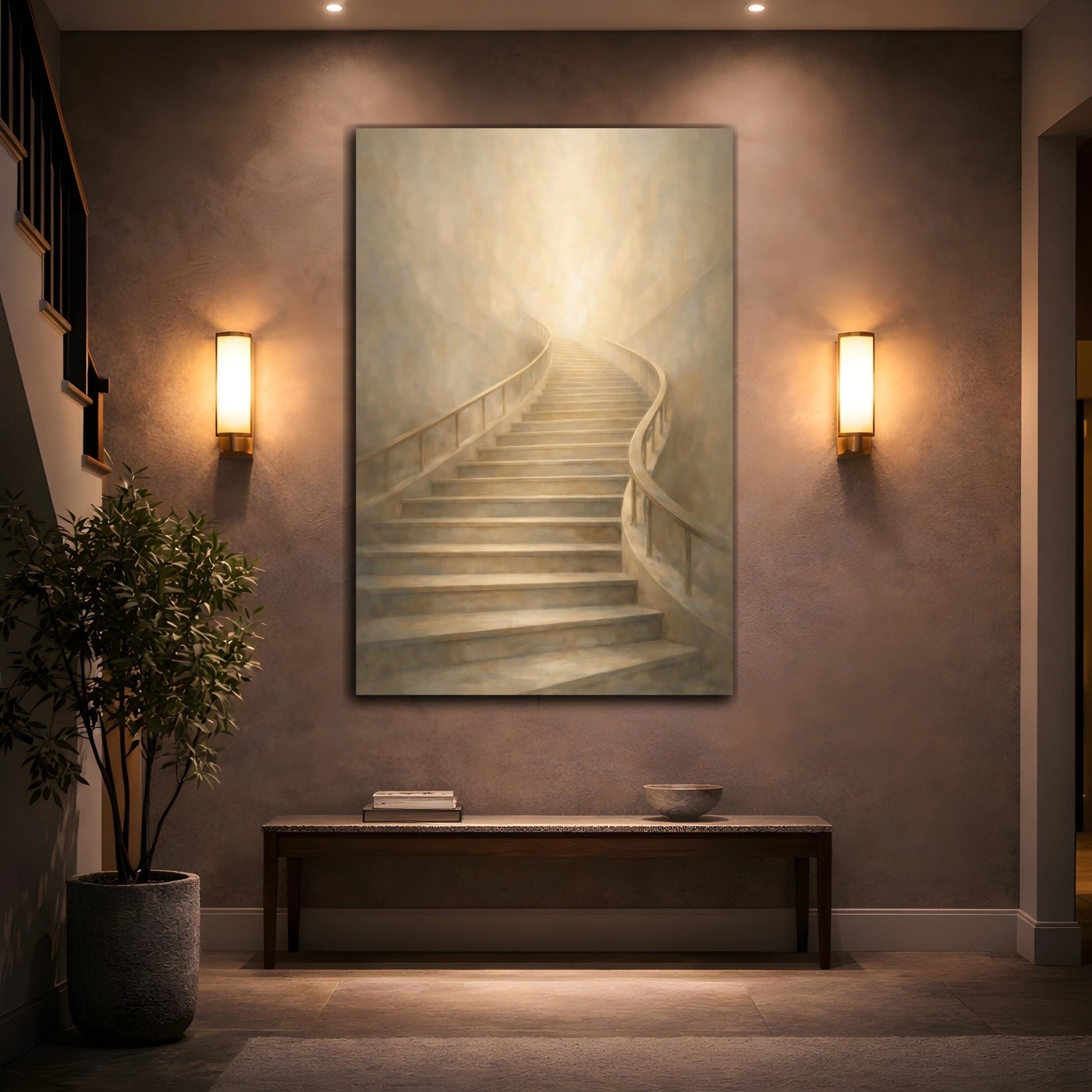 Religious Staircase Warm Beige - Canvas Wall Art Print - YesArtYes