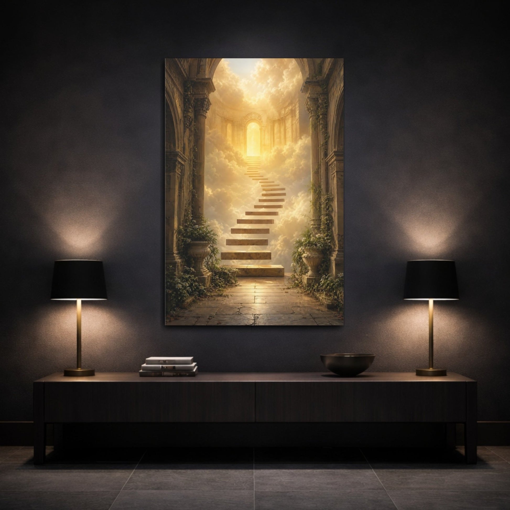 Religious Stairway Golden Sky Canvas Print – Fantasy Living Room, Above Couch - YesArtYes