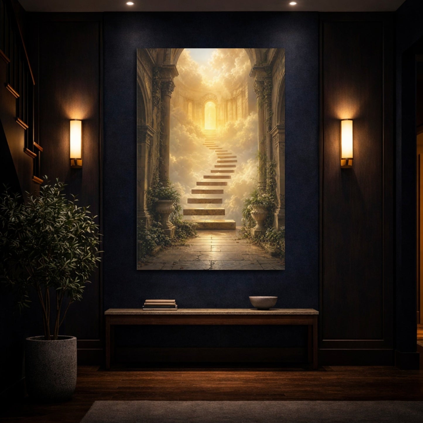 Religious Stairway Golden Sky Canvas Print – Fantasy Living Room, Above Couch - YesArtYes