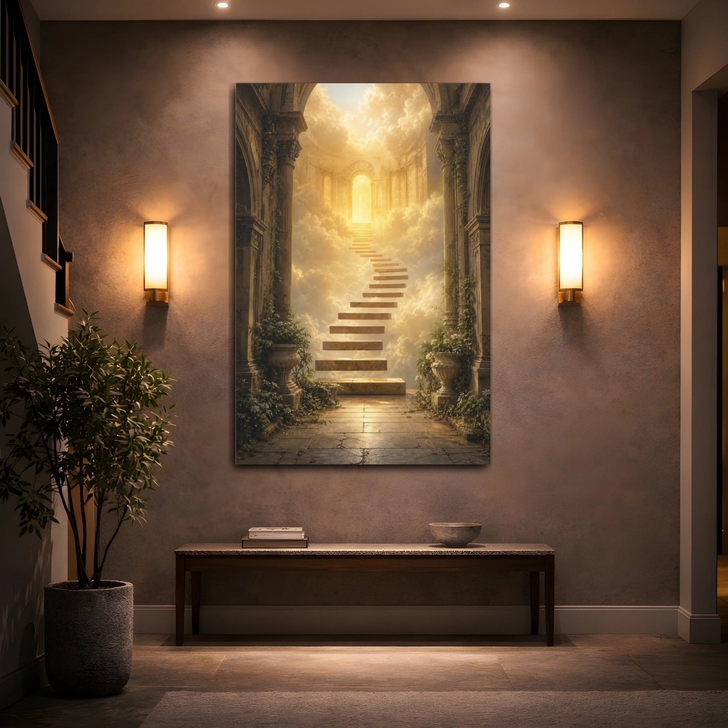 Religious Stairway Golden Sky Canvas Print – Fantasy Living Room, Above Couch - YesArtYes