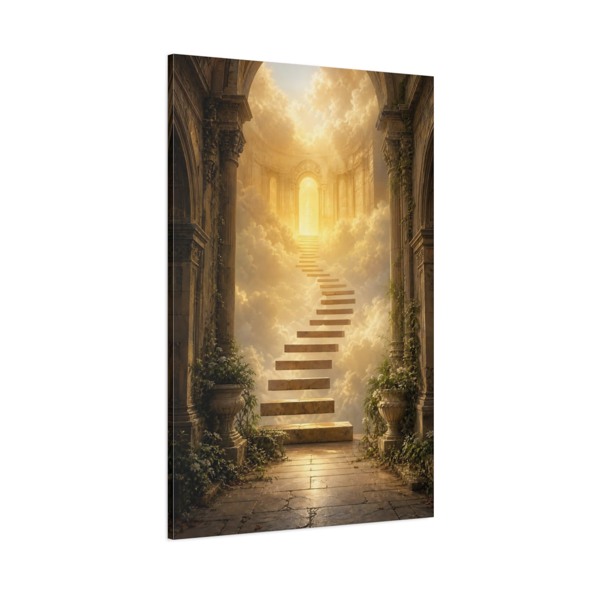 Side Mockup 1. Religious Stairway Golden Sky shown as stretched canvas wall art
