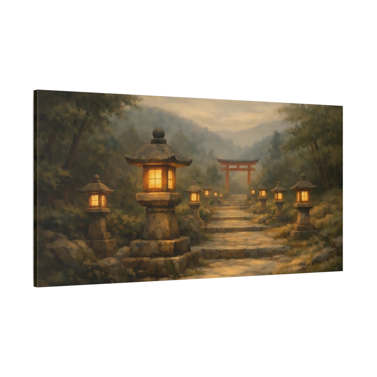 Main Mockup. Religious Stone Lanterns Misty Japanese Path shown as stretched canvas wall art