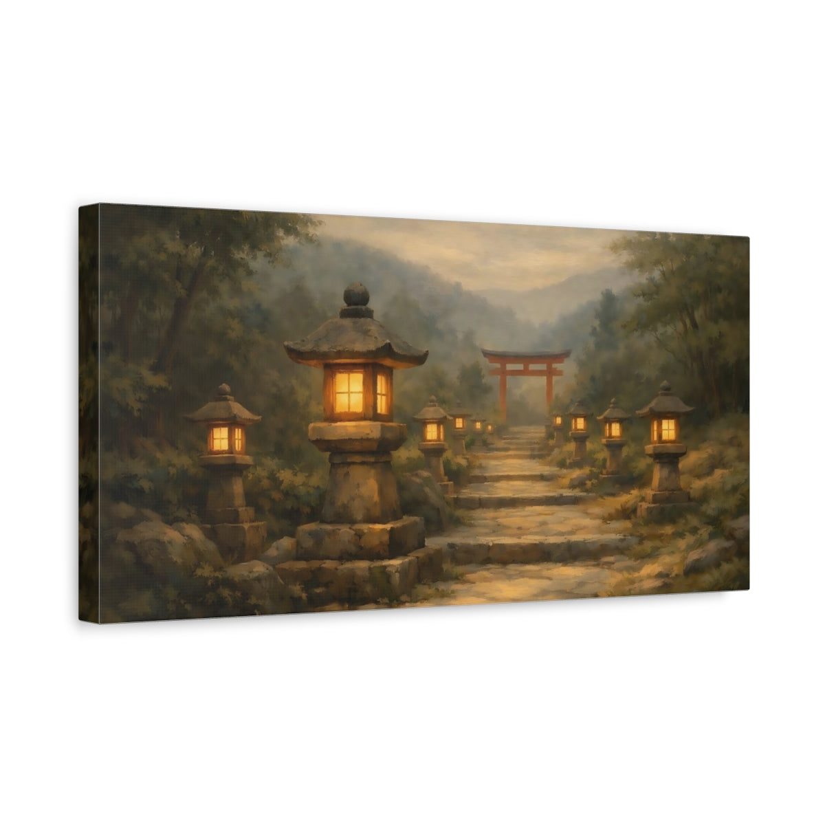 Side Mockup 3. Religious Stone Lanterns Misty Japanese Path shown as stretched canvas wall art