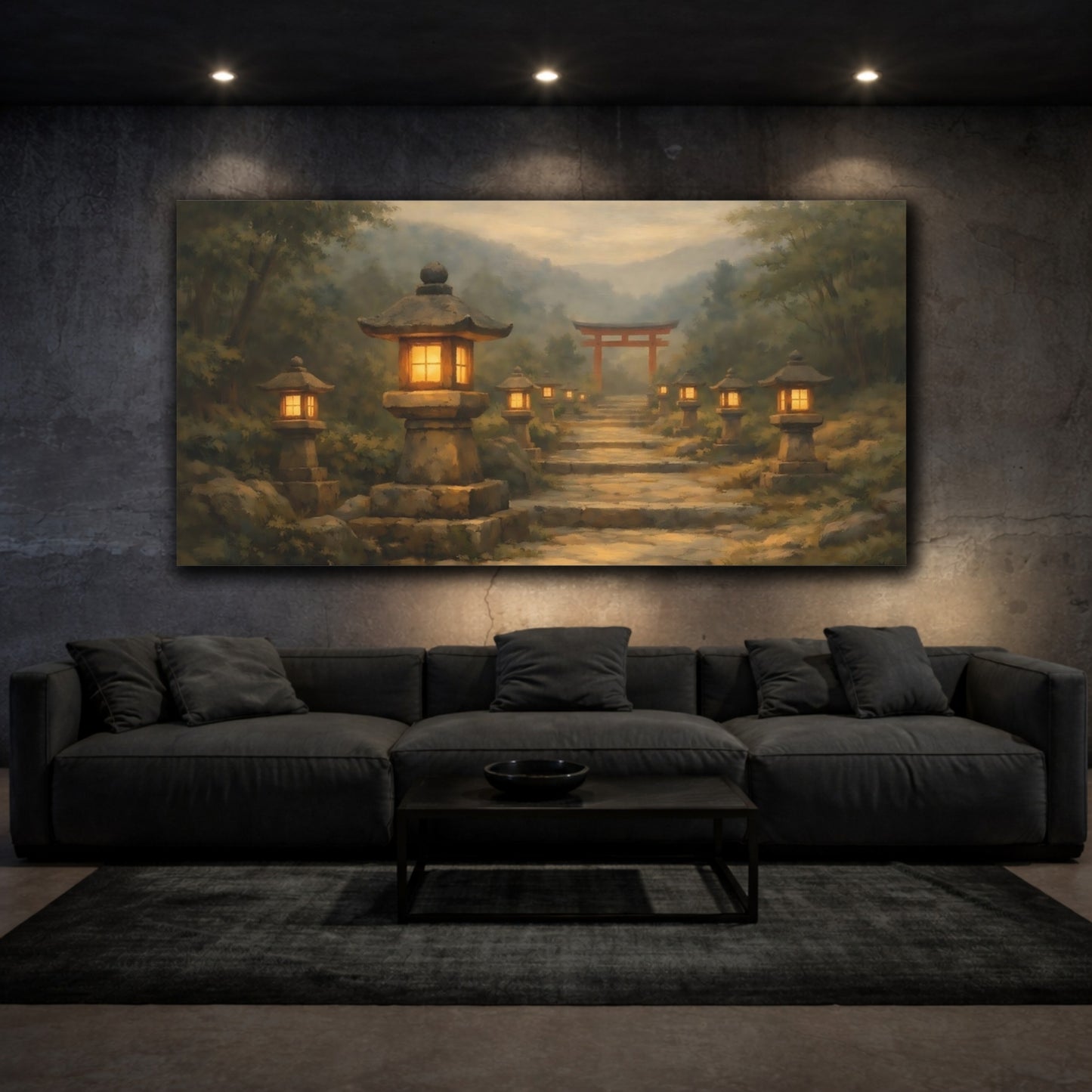 Mockup 2. Religious Stone Lanterns Misty Japanese Path shown as stretched canvas wall art