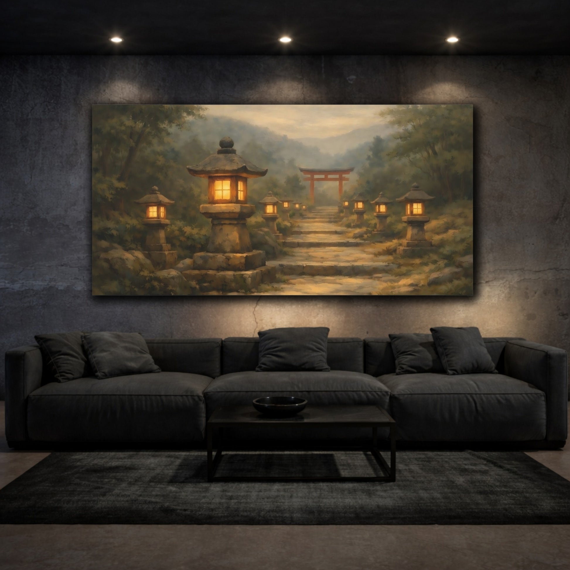 Mockup 2. Religious Stone Lanterns Misty Japanese Path shown as stretched canvas wall art