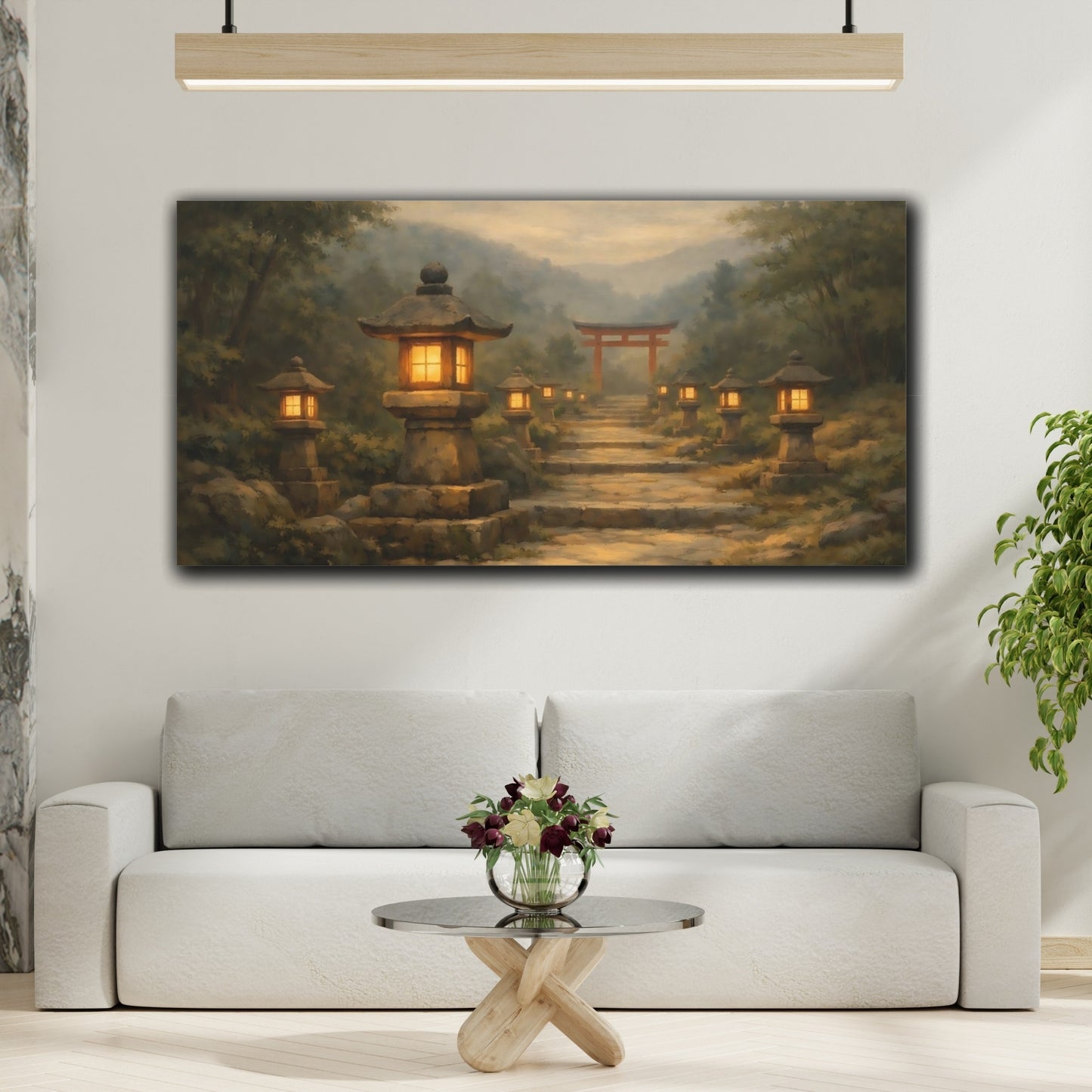 Mockup 3. Religious Stone Lanterns Misty Japanese Path shown as stretched canvas wall art