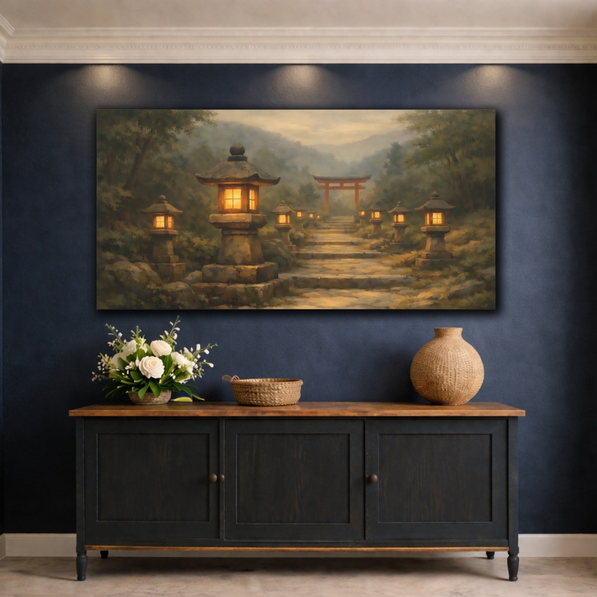Mockup 4. Religious Stone Lanterns Misty Japanese Path shown as stretched canvas wall art