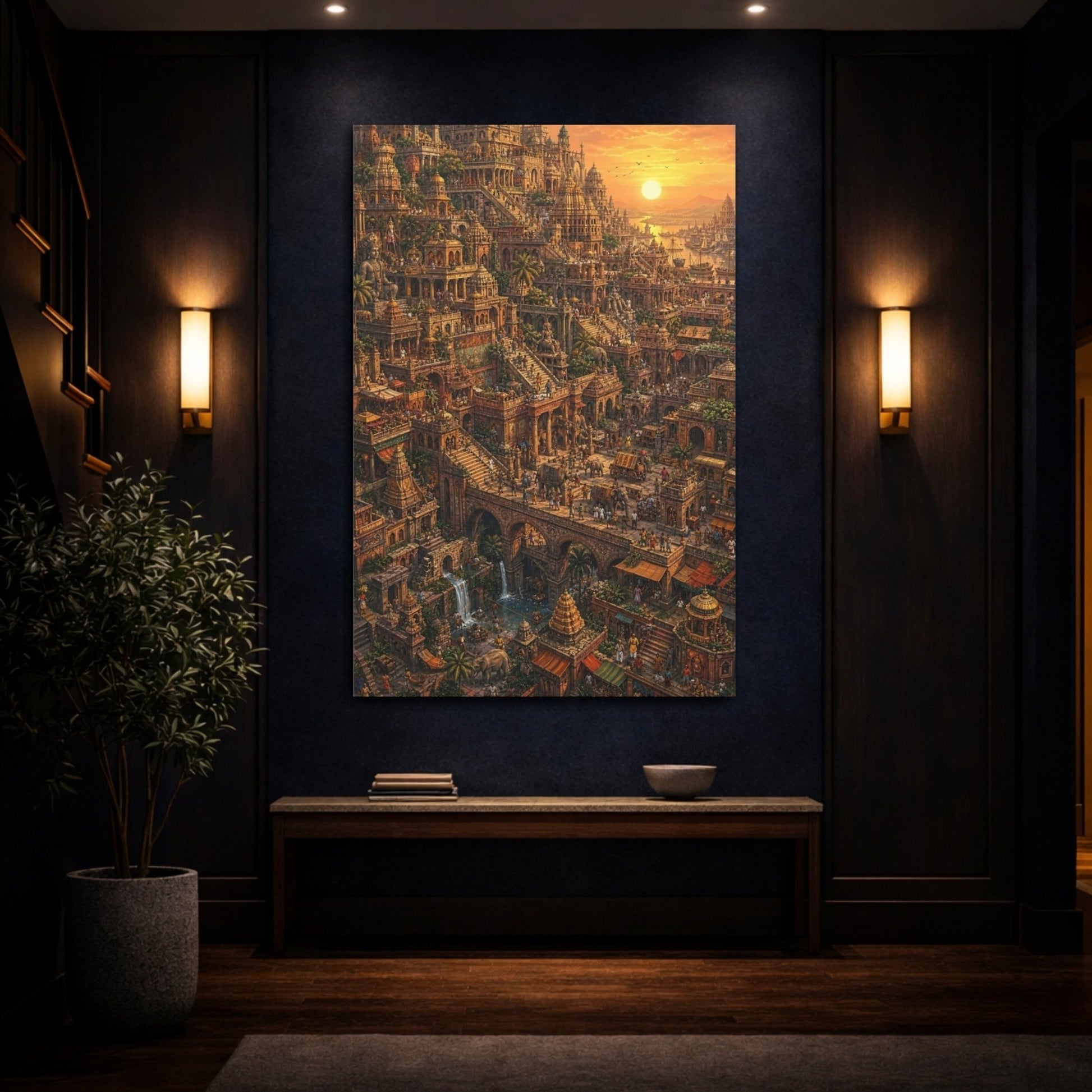 Religious Temple City Golden Cityscape Canvas Print – Hyper - detailed Decor for Living Room, Above Fireplace - YesArtYes