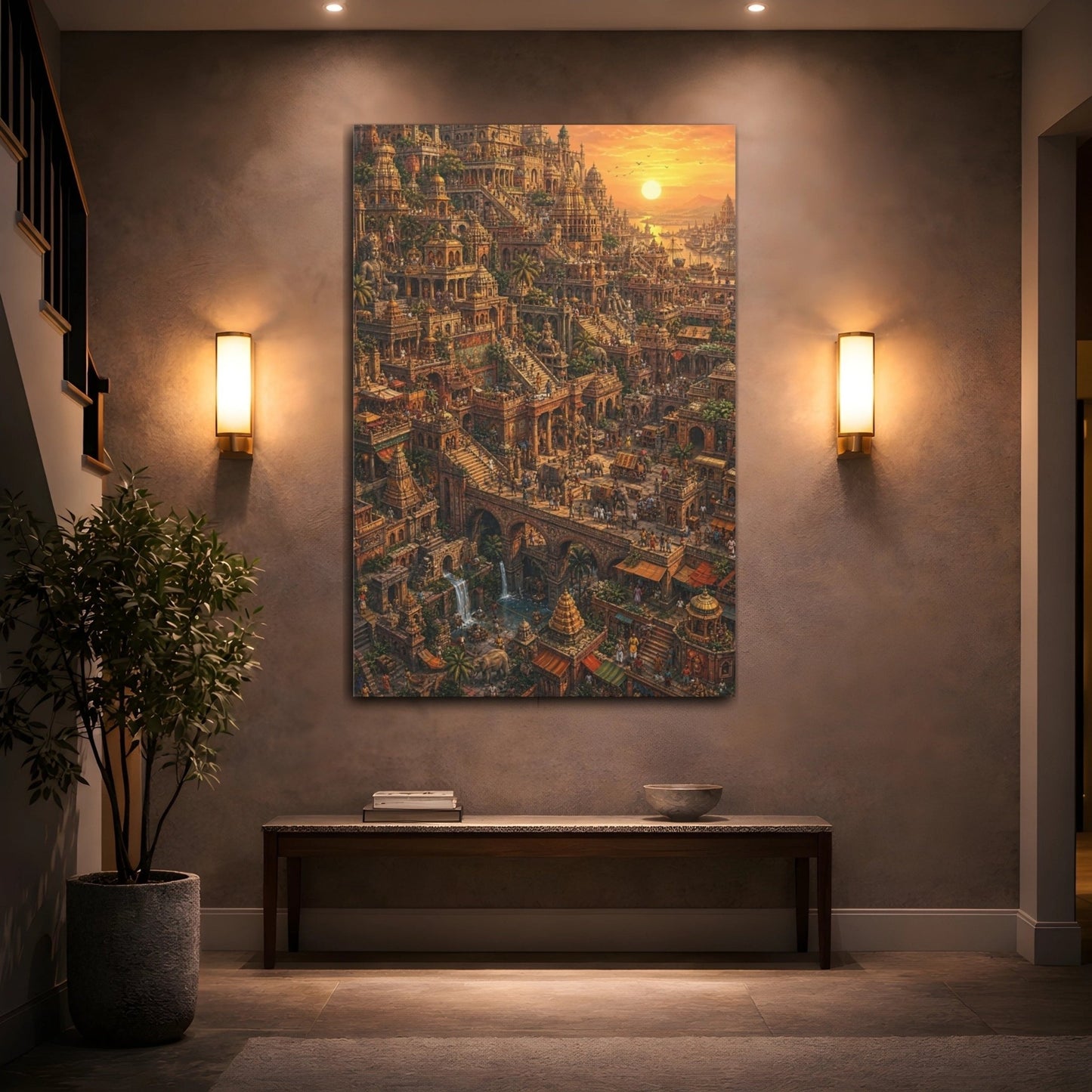 Religious Temple City Golden Cityscape Canvas Print – Hyper - detailed Decor for Living Room, Above Fireplace - YesArtYes