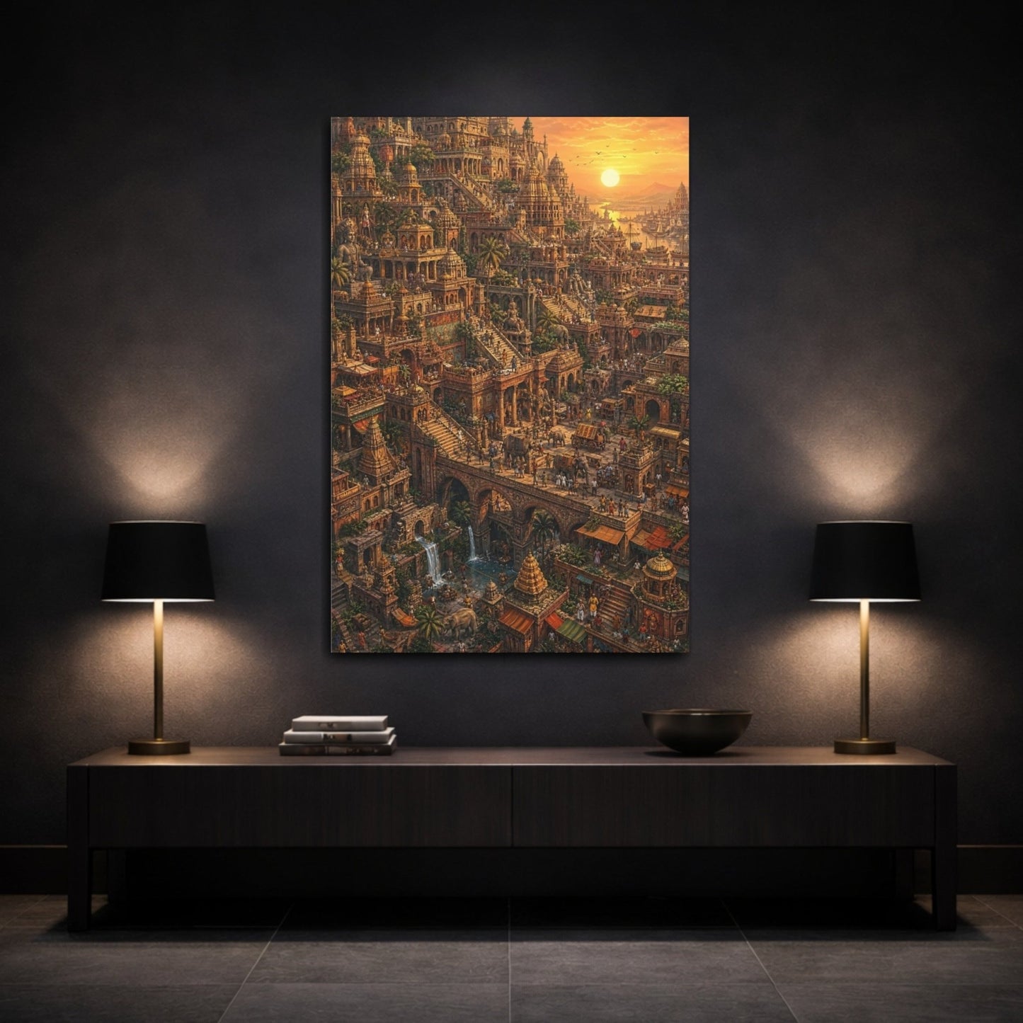 Religious Temple City Golden Cityscape Canvas Print – Hyper - detailed Decor for Living Room, Above Fireplace - YesArtYes