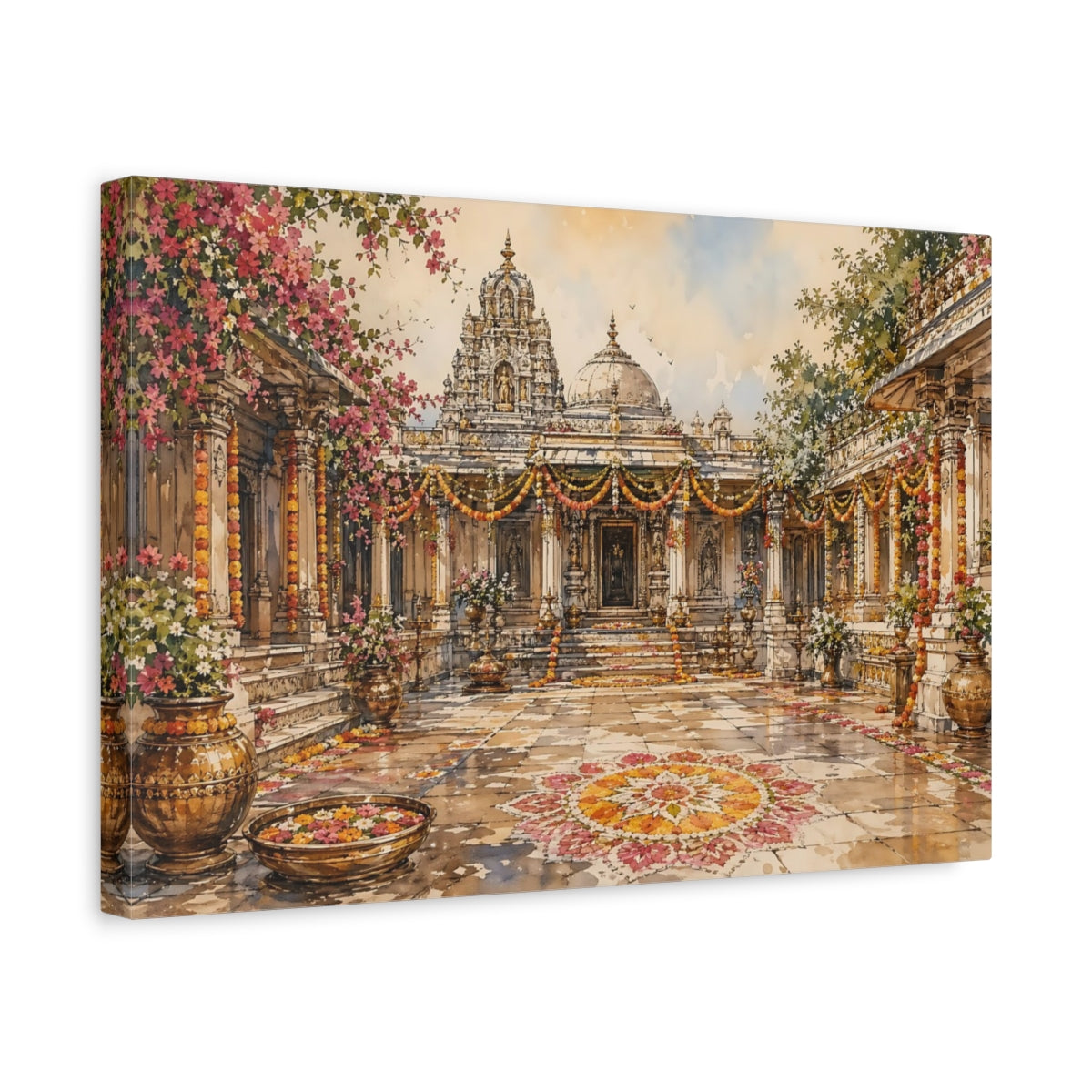 Side Mockup 4. Religious Temple Courtyard Pink Orange Temple shown as stretched canvas wall art