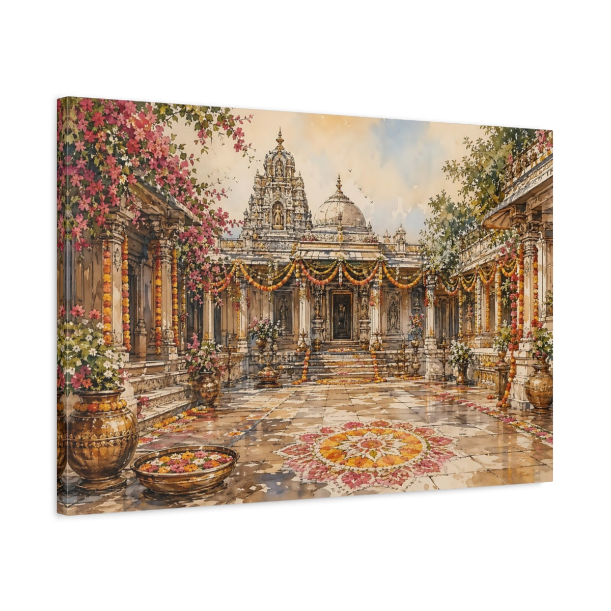 Side Mockup 2. Religious Temple Courtyard Pink Orange Temple shown as stretched canvas wall art