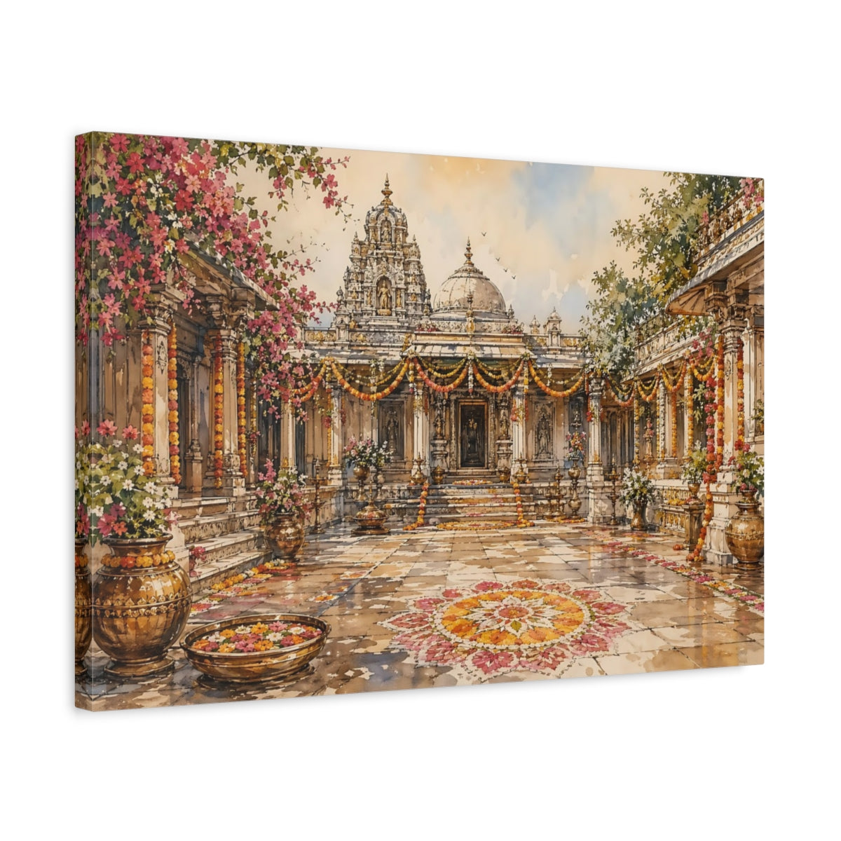 Side Mockup 3. Religious Temple Courtyard Pink Orange Temple shown as stretched canvas wall art