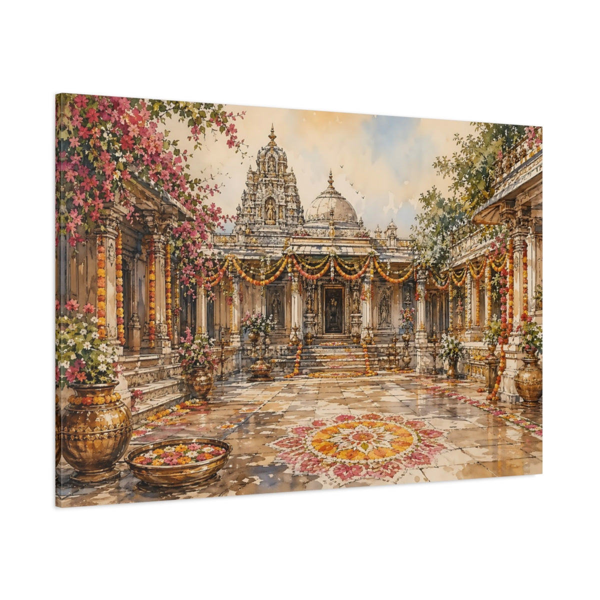 Side Mockup 1. Religious Temple Courtyard Pink Orange Temple shown as stretched canvas wall art