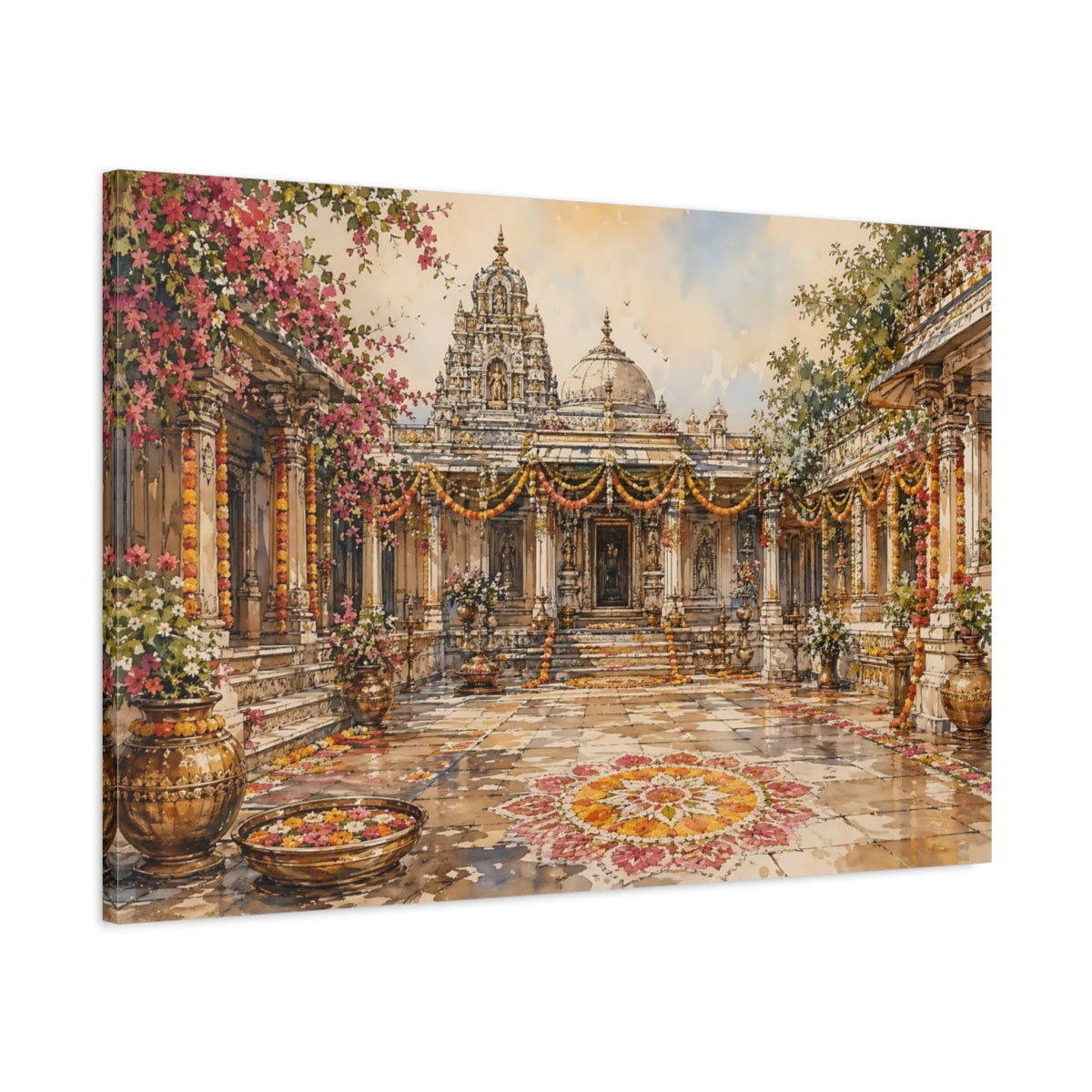 Main Mockup. Religious Temple Courtyard Pink Orange Temple shown as stretched canvas wall art