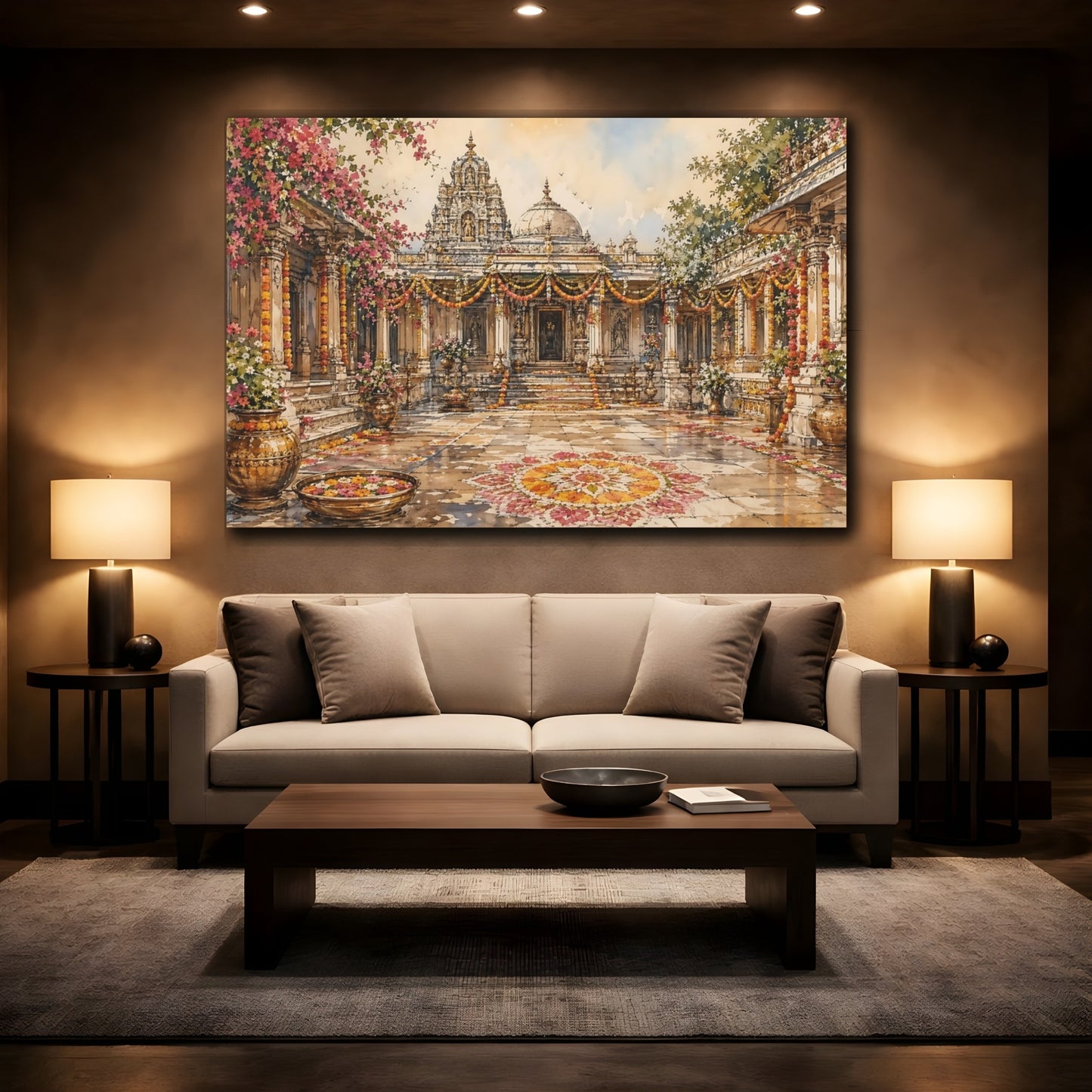 Mockup 2. Religious Temple Courtyard Pink Orange Temple shown as stretched canvas wall art