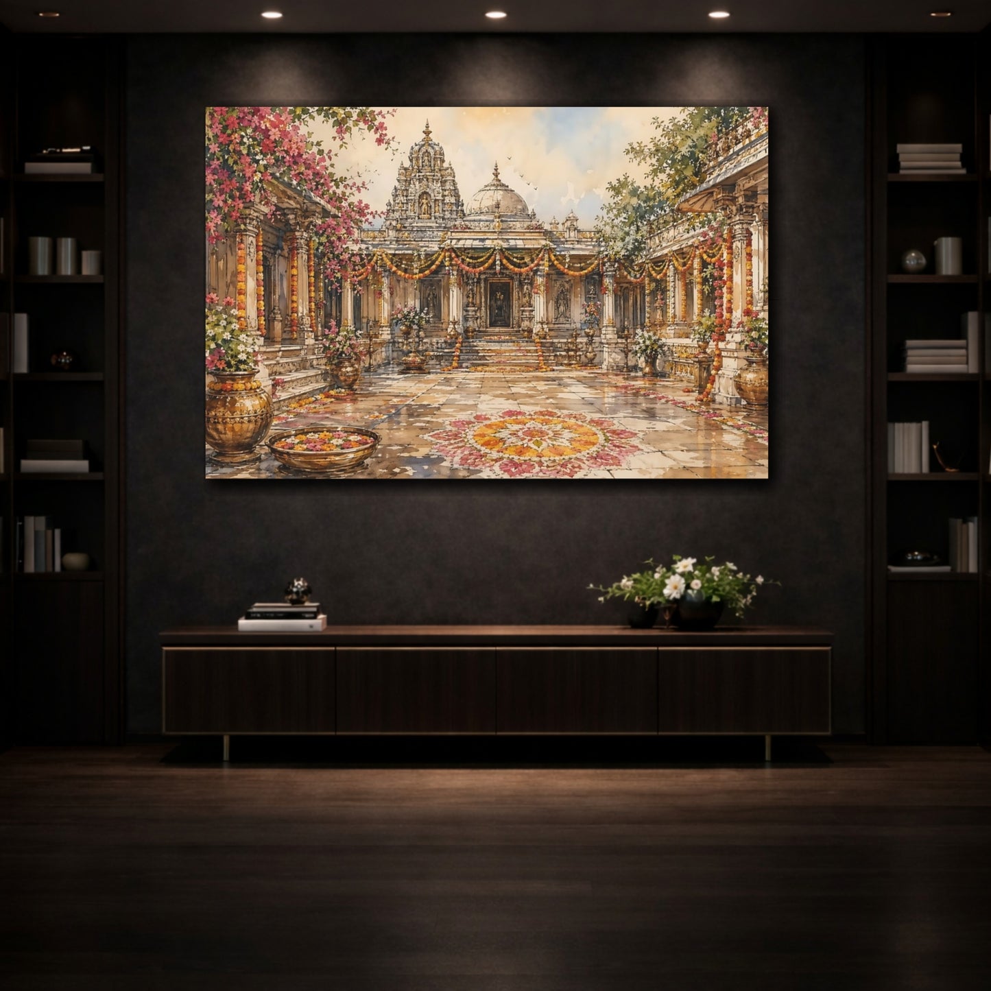 Mockup 3. Religious Temple Courtyard Pink Orange Temple shown as stretched canvas wall art
