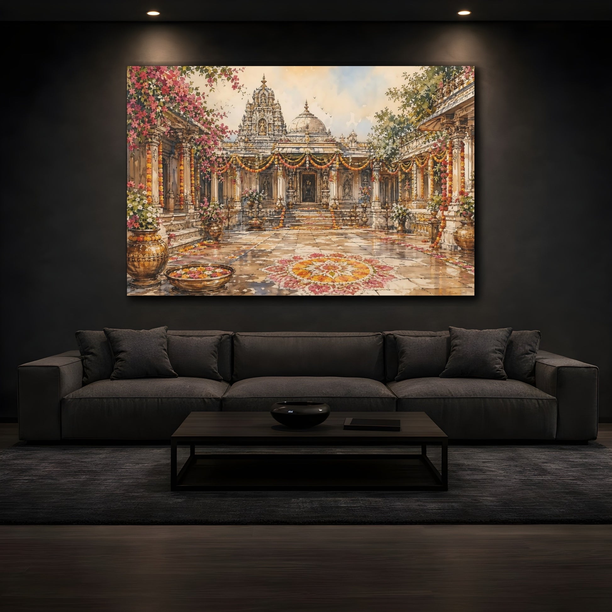 Mockup 4. Religious Temple Courtyard Pink Orange Temple shown as stretched canvas wall art