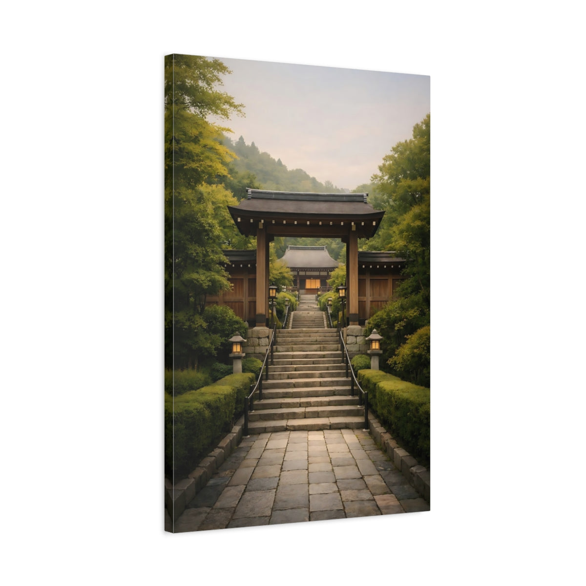 Side Mockup 2. Religious Temple Entrance Green Asian Temple shown as stretched canvas wall art