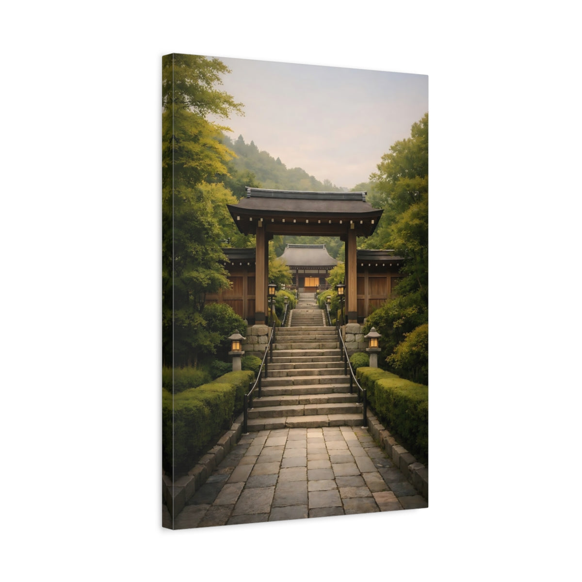 Side Mockup 3. Religious Temple Entrance Green Asian Temple shown as stretched canvas wall art