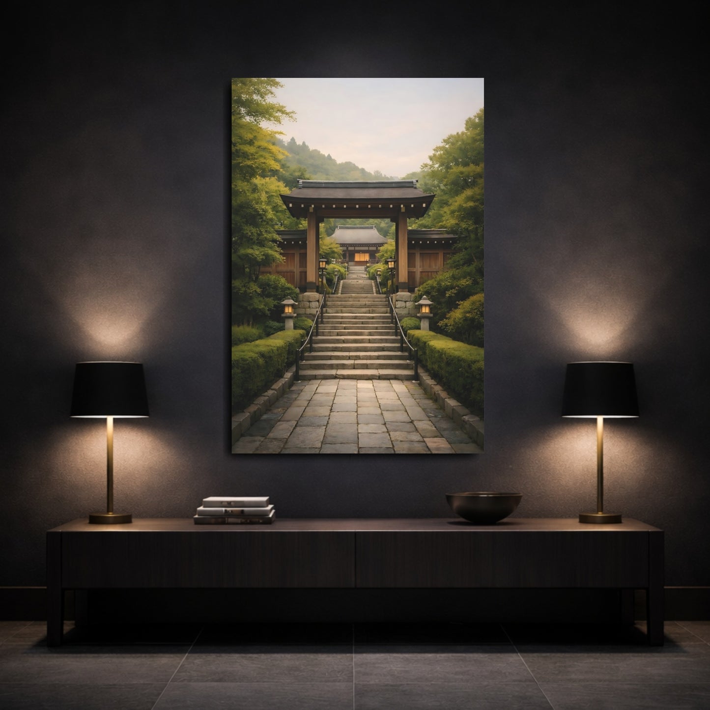 Mockup 2. Religious Temple Entrance Green Asian Temple shown as stretched canvas wall art