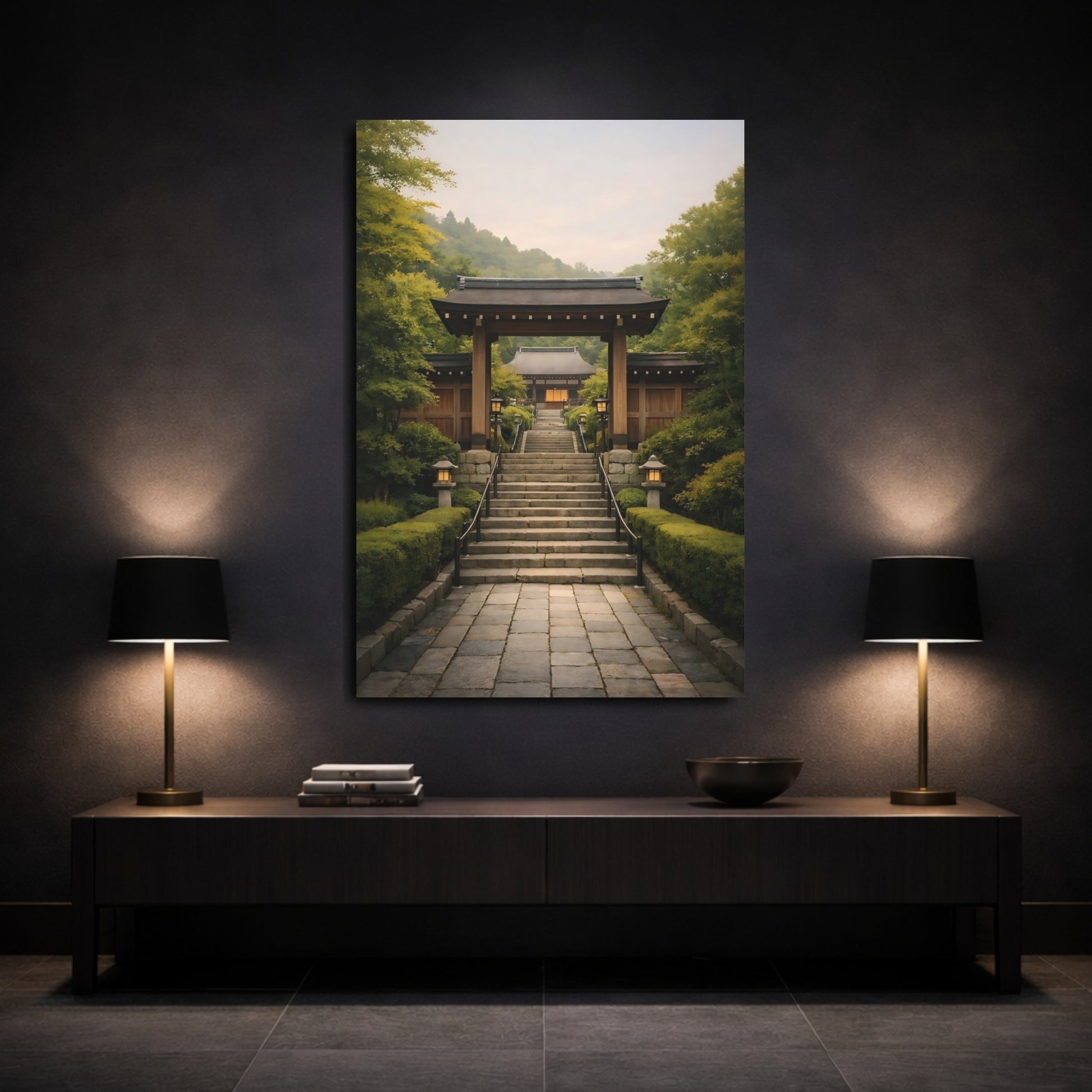 Mockup 2. Religious Temple Entrance Green Asian Temple shown as stretched canvas wall art