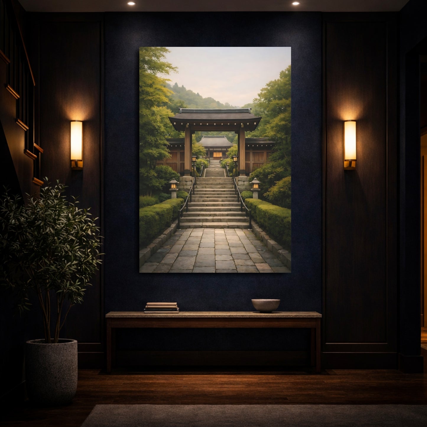 Mockup 3. Religious Temple Entrance Green Asian Temple shown as stretched canvas wall art