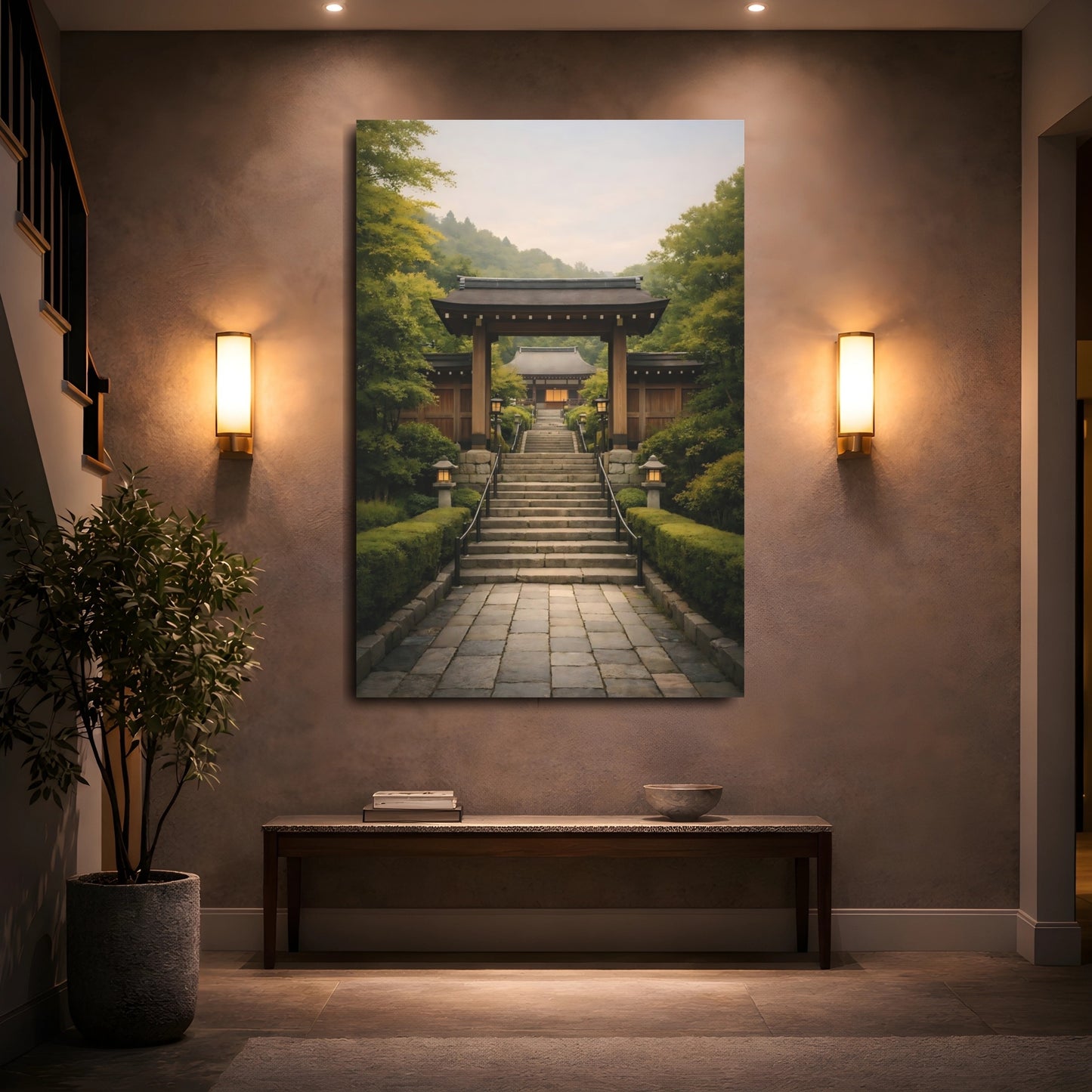 Mockup 4. Religious Temple Entrance Green Asian Temple shown as stretched canvas wall art