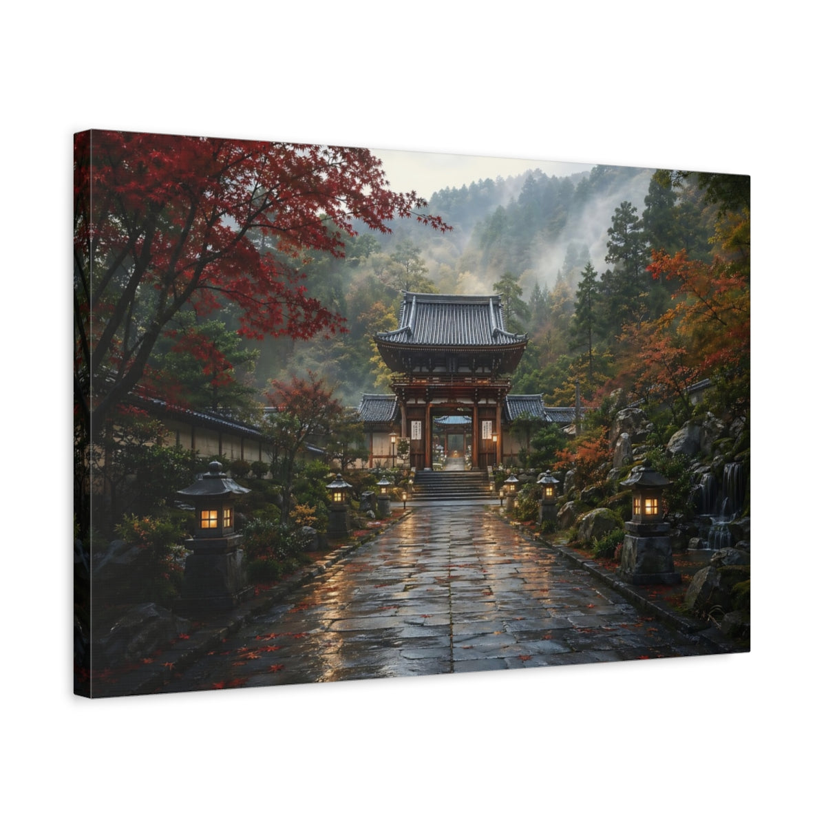 Side Mockup 3. Religious Temple Gate Autumn Temple Gate shown as stretched canvas wall art