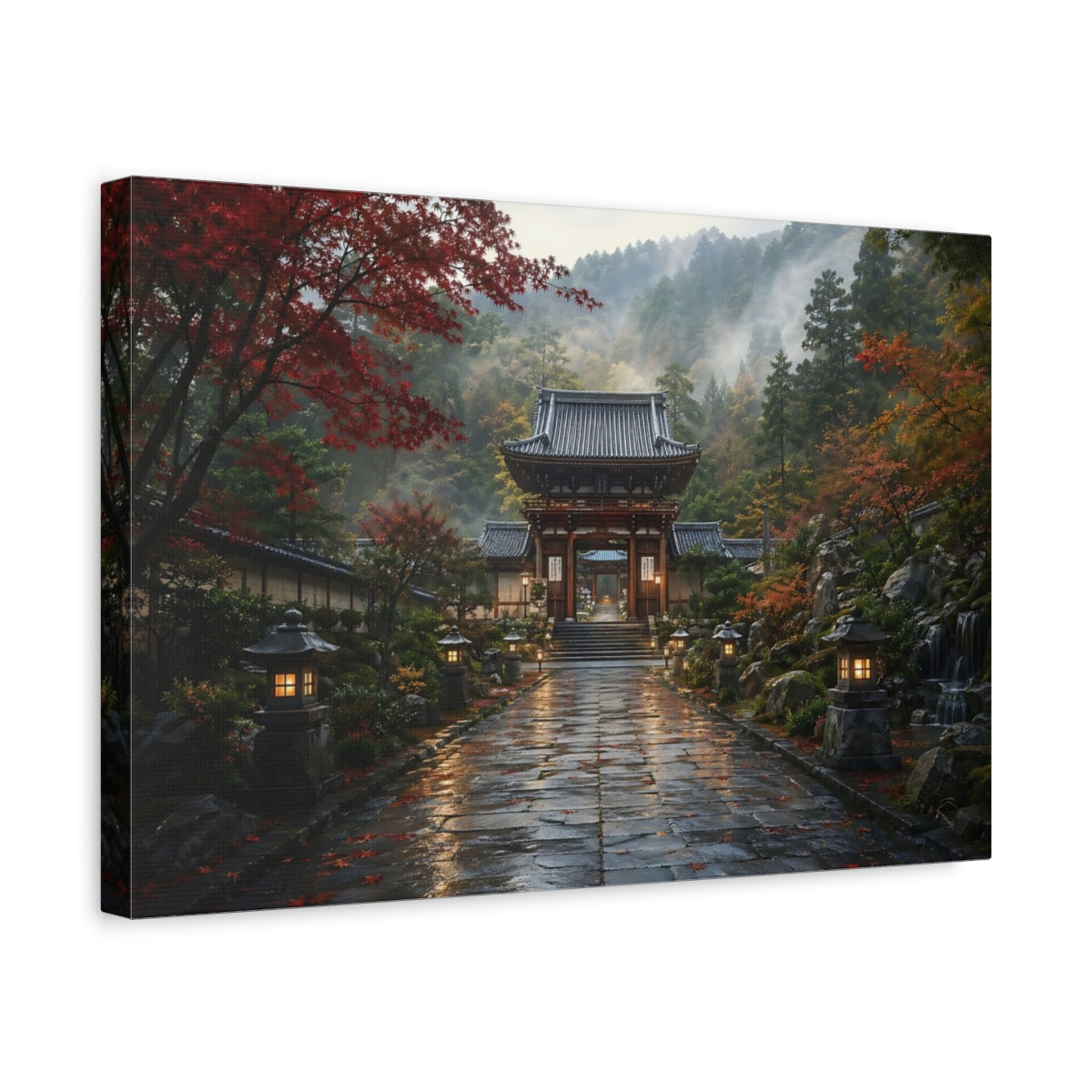 Side Mockup 4. Religious Temple Gate Autumn Temple Gate shown as stretched canvas wall art