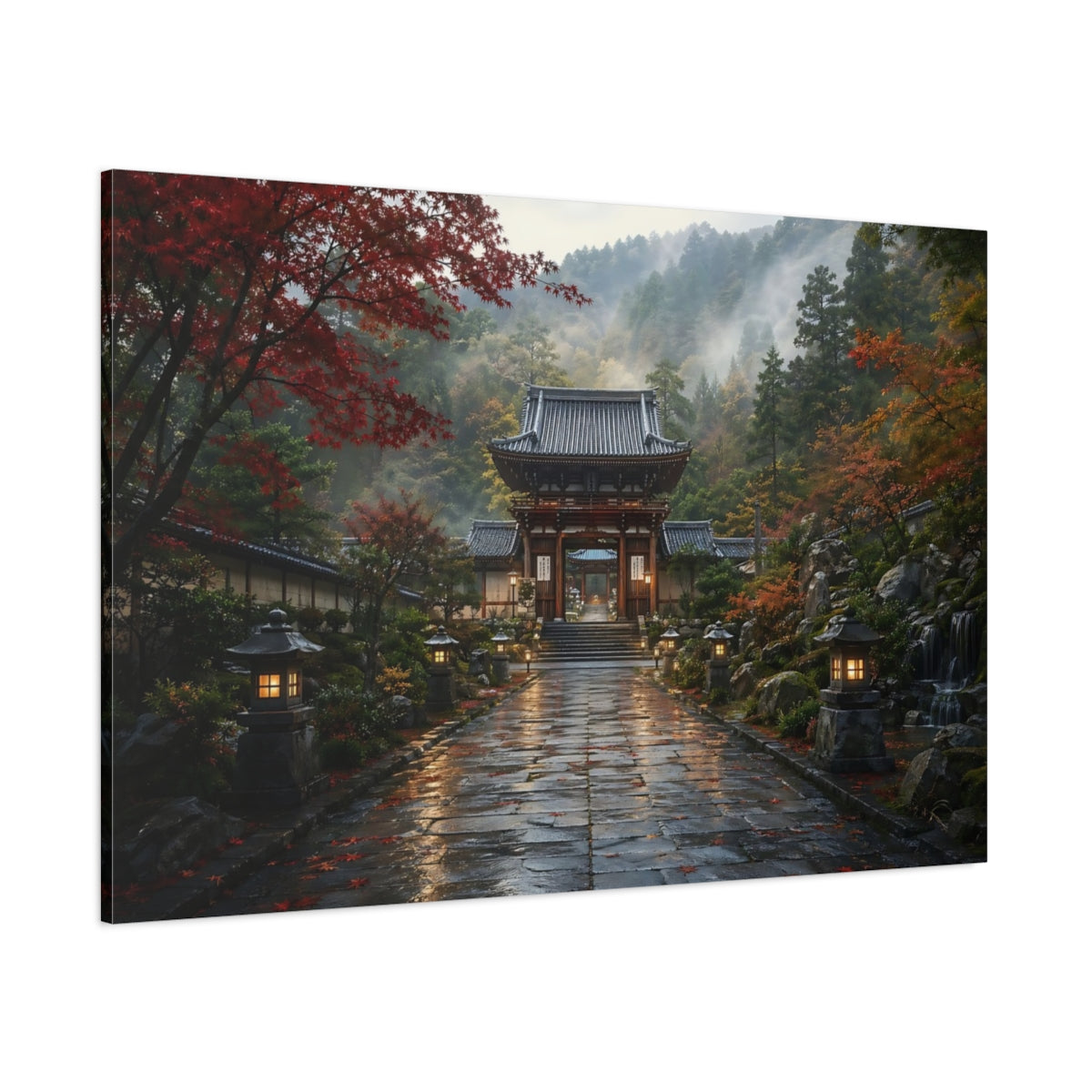 Side Mockup 1. Religious Temple Gate Autumn Temple Gate shown as stretched canvas wall art