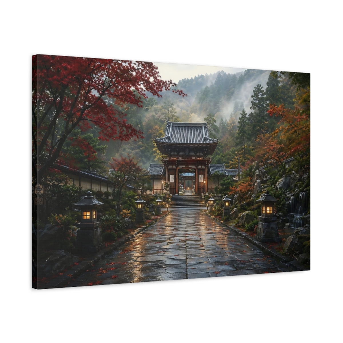Side Mockup 2. Religious Temple Gate Autumn Temple Gate shown as stretched canvas wall art
