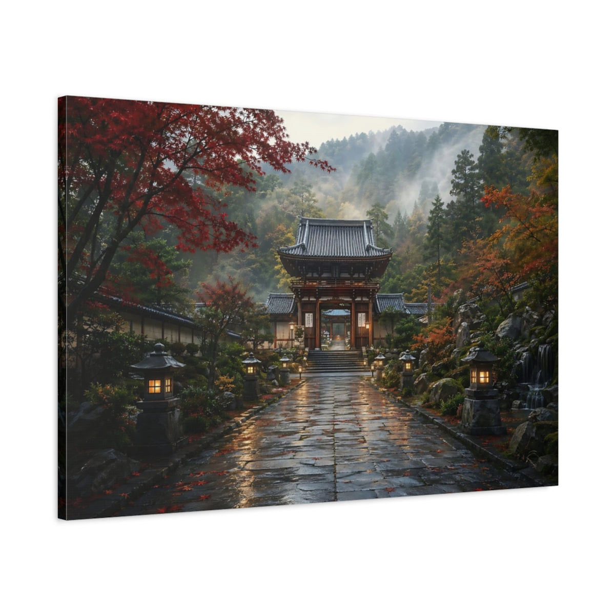 Main Mockup. Religious Temple Gate Autumn Temple Gate shown as stretched canvas wall art