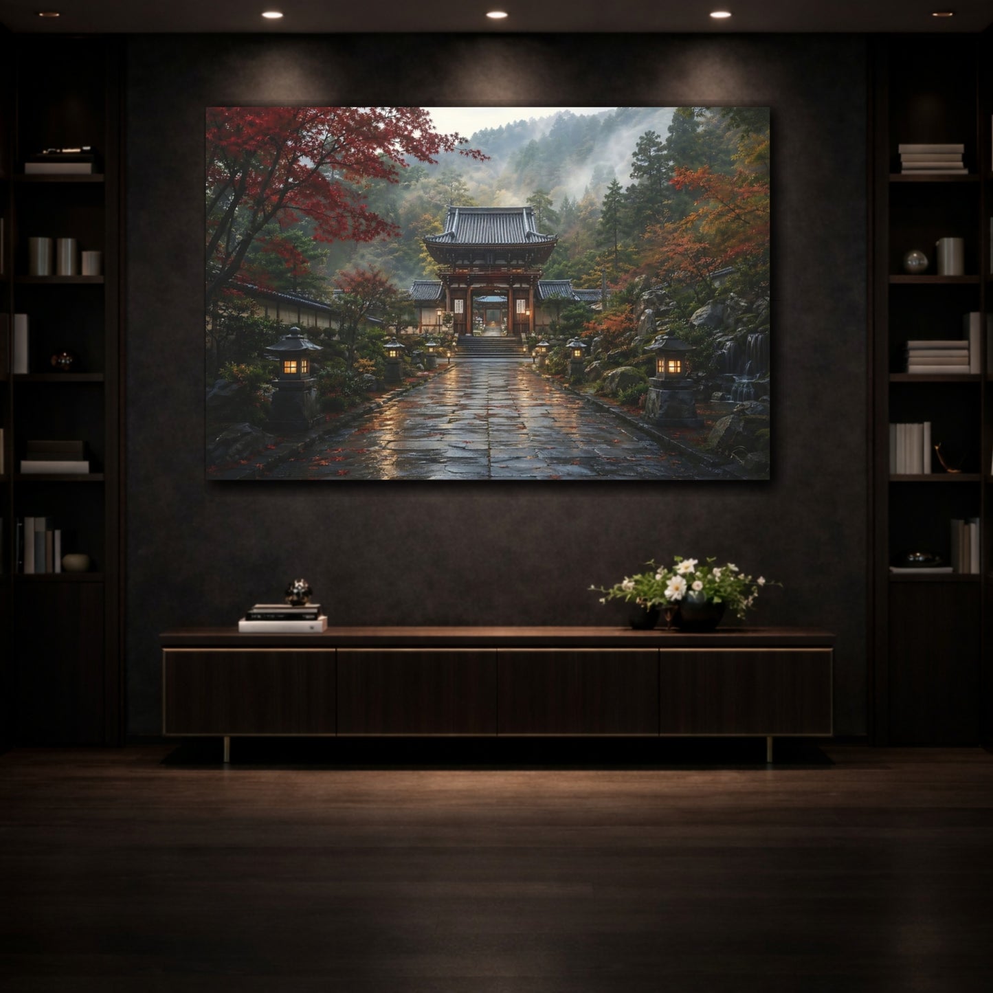 Mockup 3. Religious Temple Gate Autumn Temple Gate shown as stretched canvas wall art