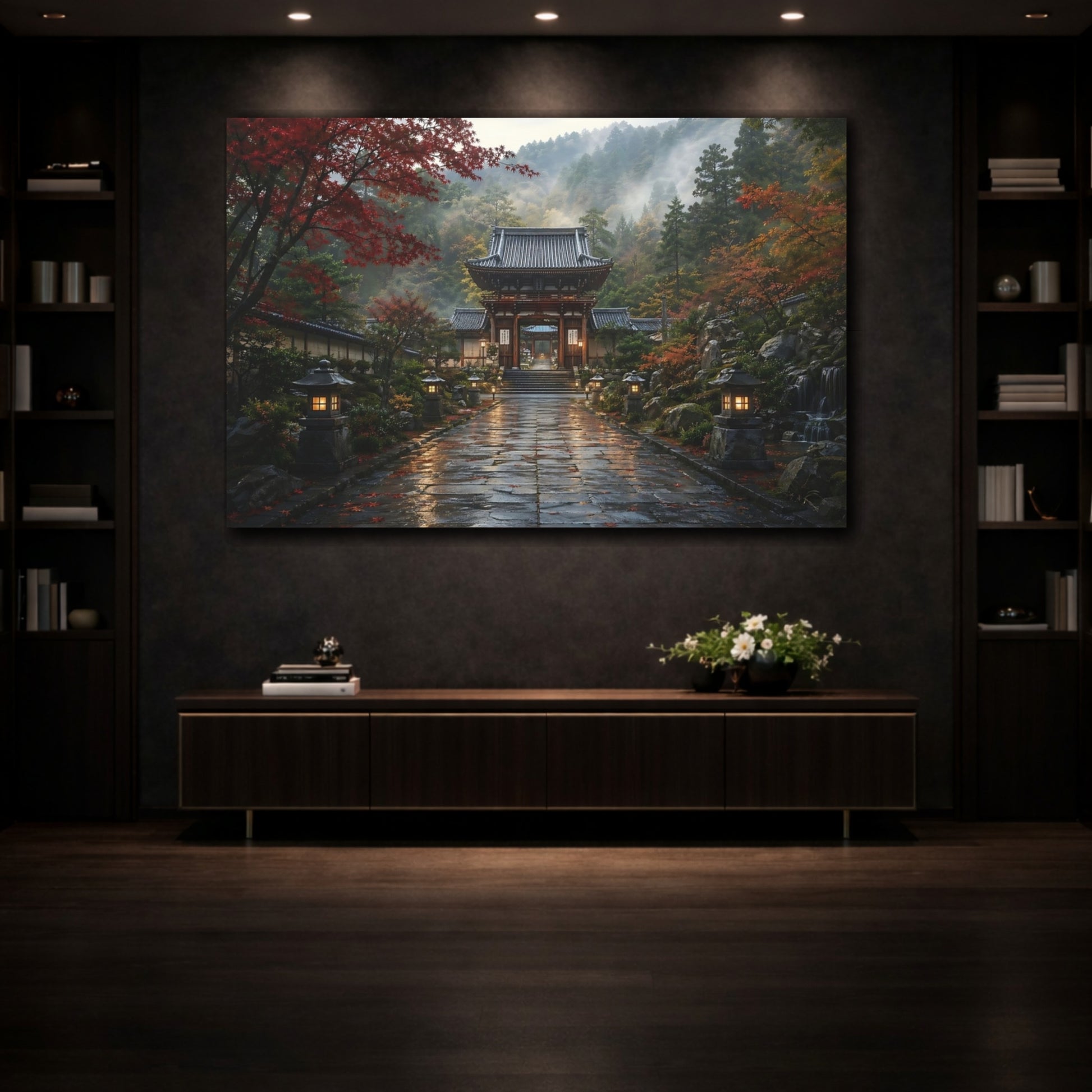 Mockup 3. Religious Temple Gate Autumn Temple Gate shown as stretched canvas wall art