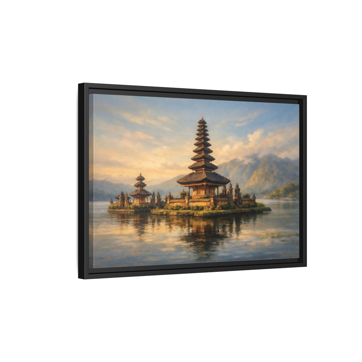 Side Mockup 3. Religious Temple Golden Temple Lake shown as stretched canvas wall art