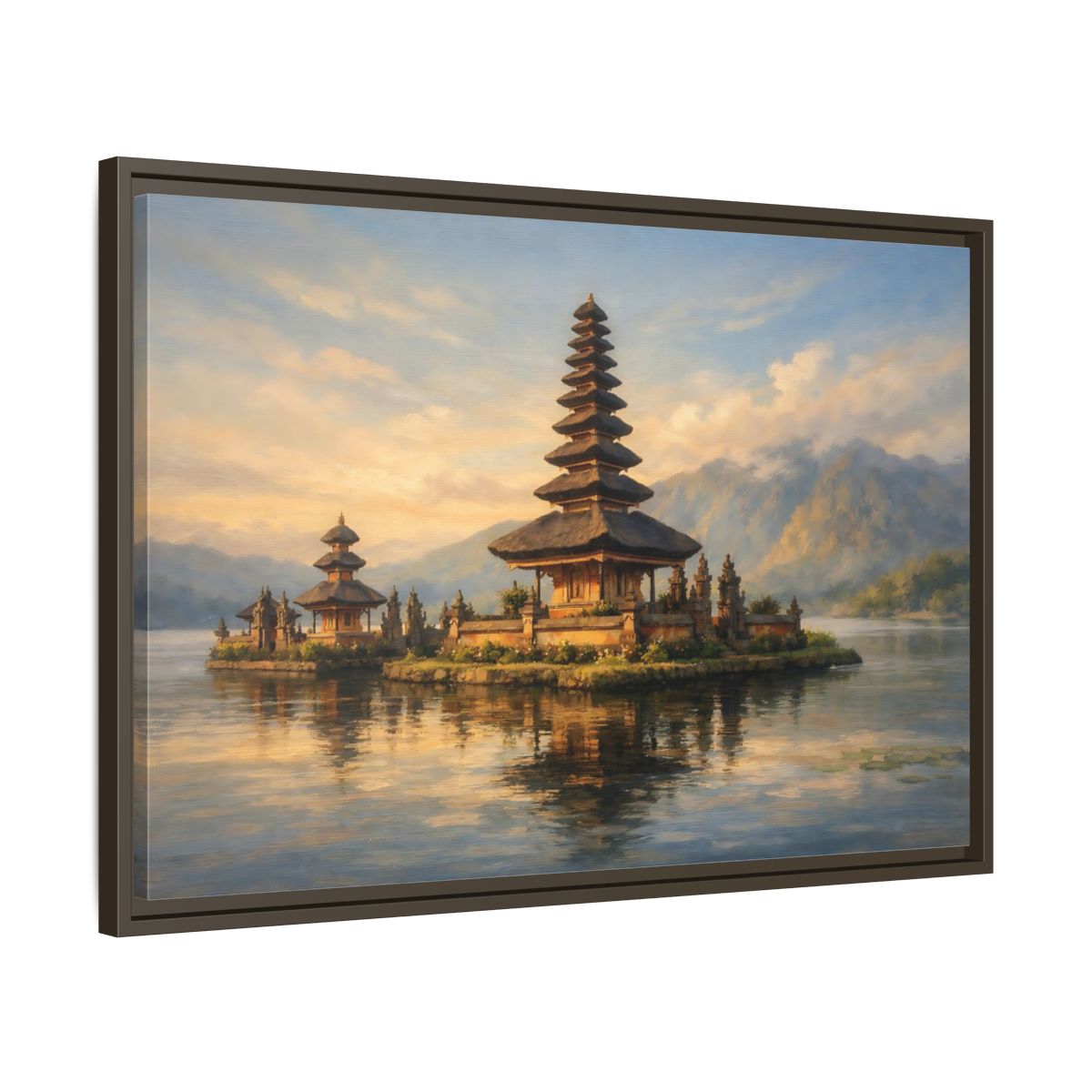 Side Mockup 11. Religious Temple Golden Temple Lake shown as stretched canvas wall art