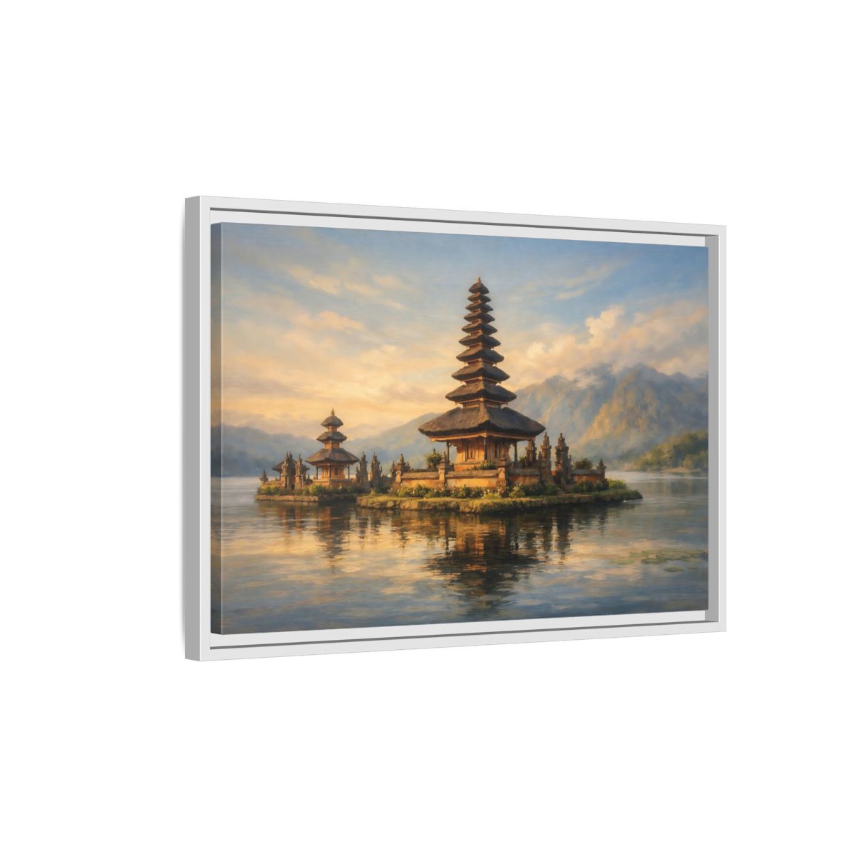 Side Mockup 1. Religious Temple Golden Temple Lake shown as stretched canvas wall art