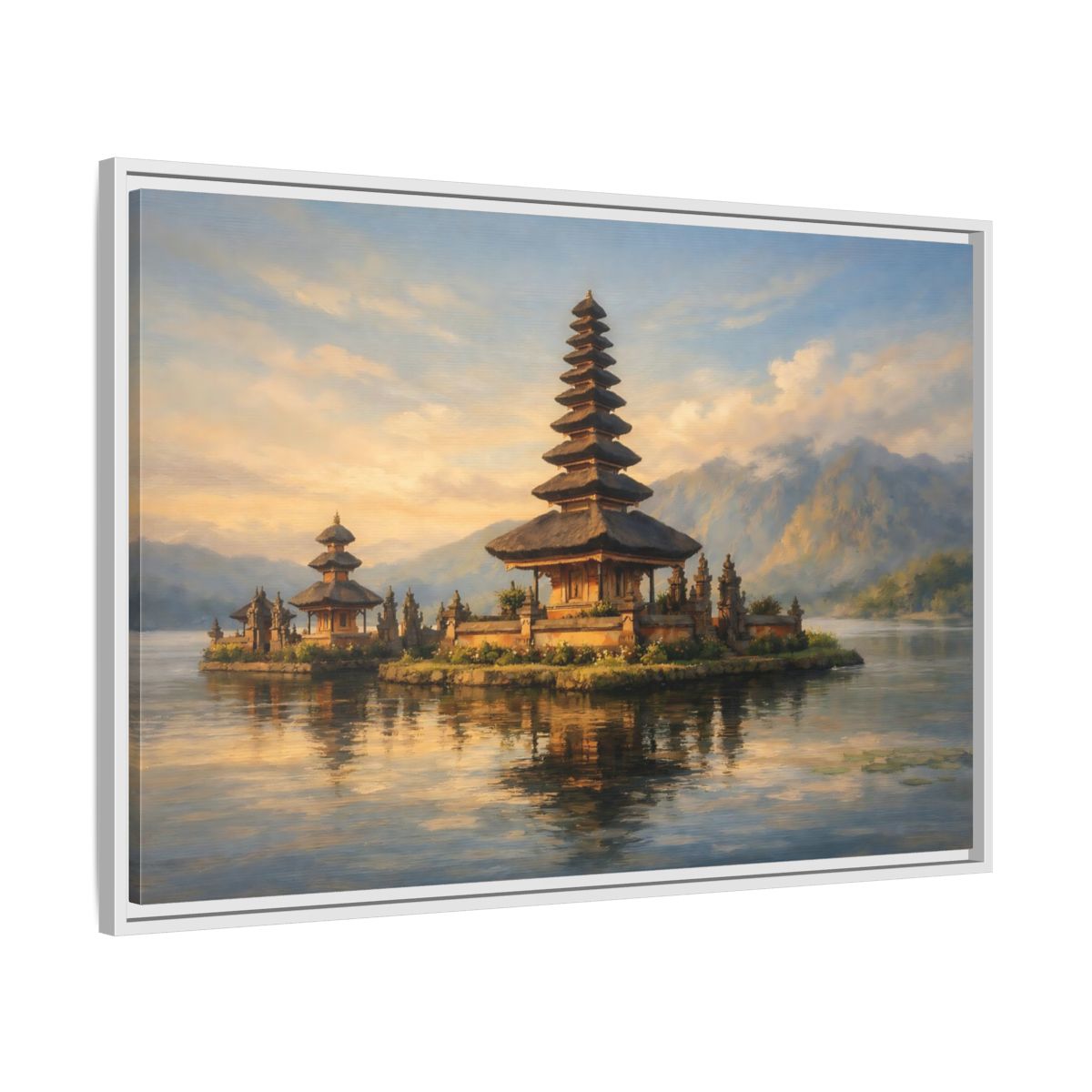 Side Mockup 8. Religious Temple Golden Temple Lake shown as stretched canvas wall art