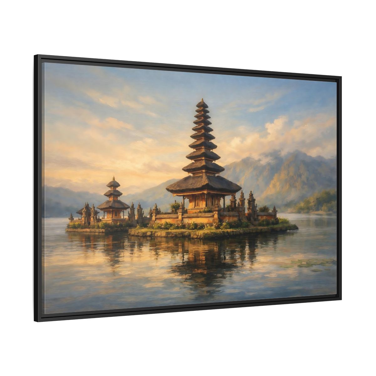 Side Mockup 12. Religious Temple Golden Temple Lake shown as stretched canvas wall art