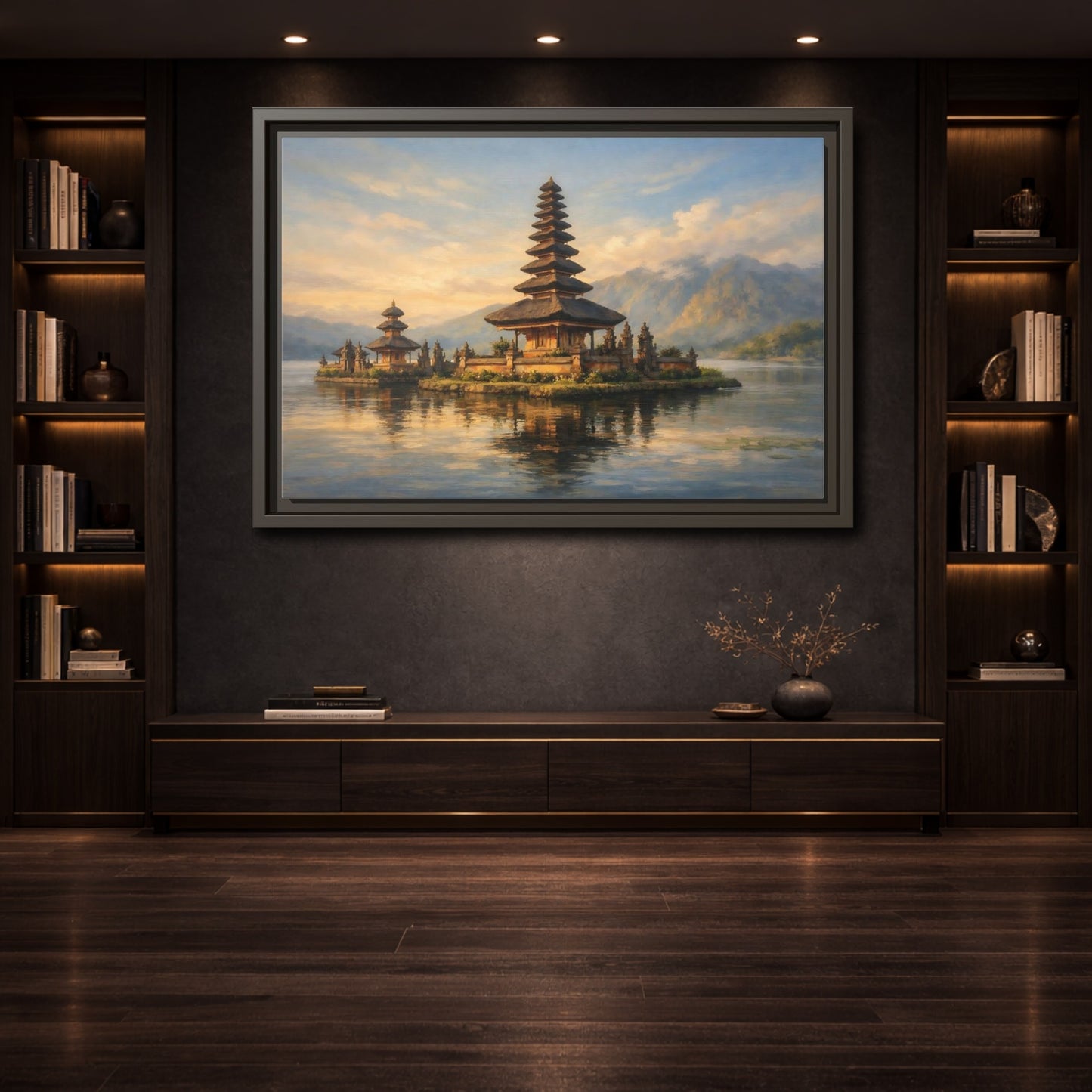 Mockup 3. Religious Temple Golden Temple Lake shown as stretched canvas wall art