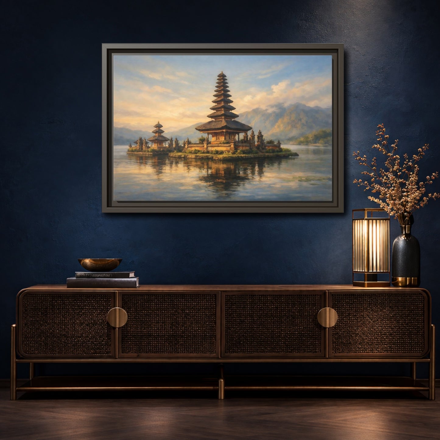 Mockup 4. Religious Temple Golden Temple Lake shown as stretched canvas wall art