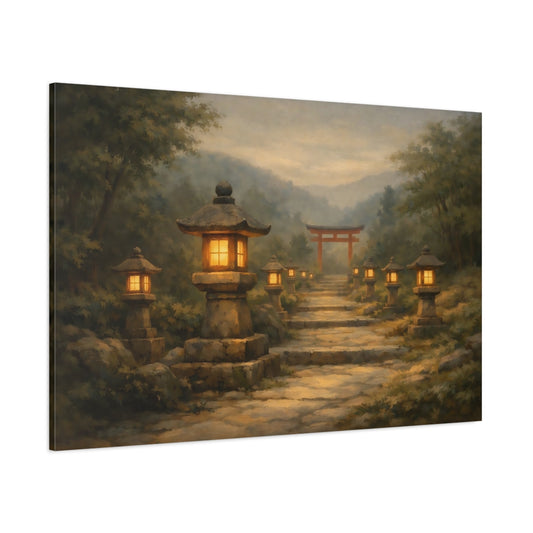 Main Mockup. Religious Torii Gate Japanese Garden Path shown as stretched canvas wall art