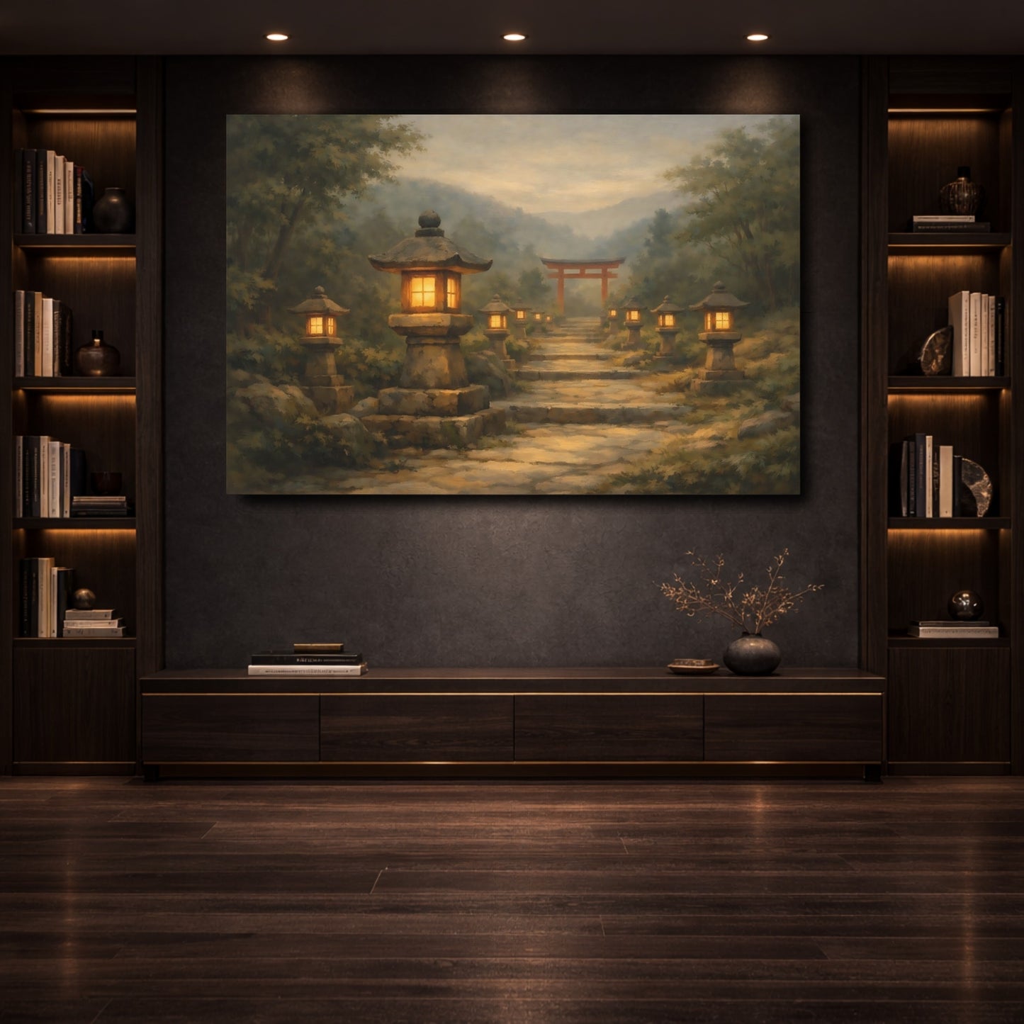 Mockup 3. Religious Torii Gate Japanese Garden Path shown as stretched canvas wall art
