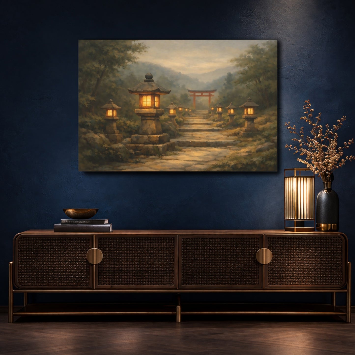 Mockup 4. Religious Torii Gate Japanese Garden Path shown as stretched canvas wall art