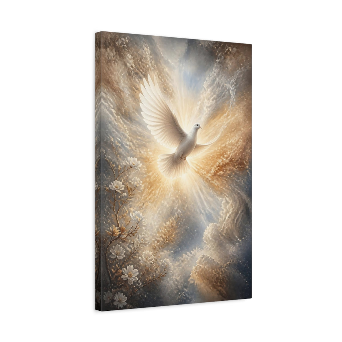 Side Mockup 3. Religious White Dove White Dove Spiritual shown as stretched canvas wall art
