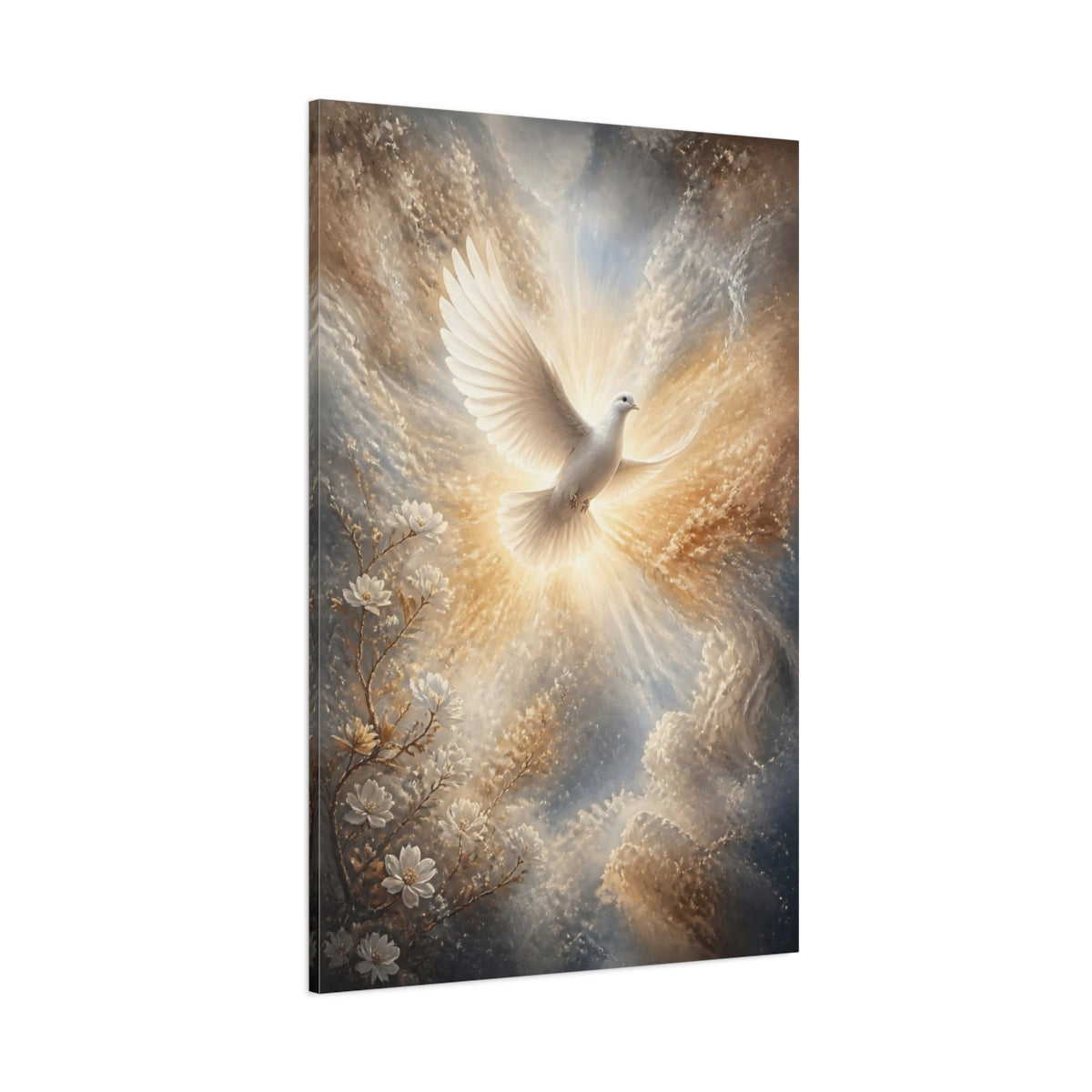 Side Mockup 1. Religious White Dove White Dove Spiritual shown as stretched canvas wall art