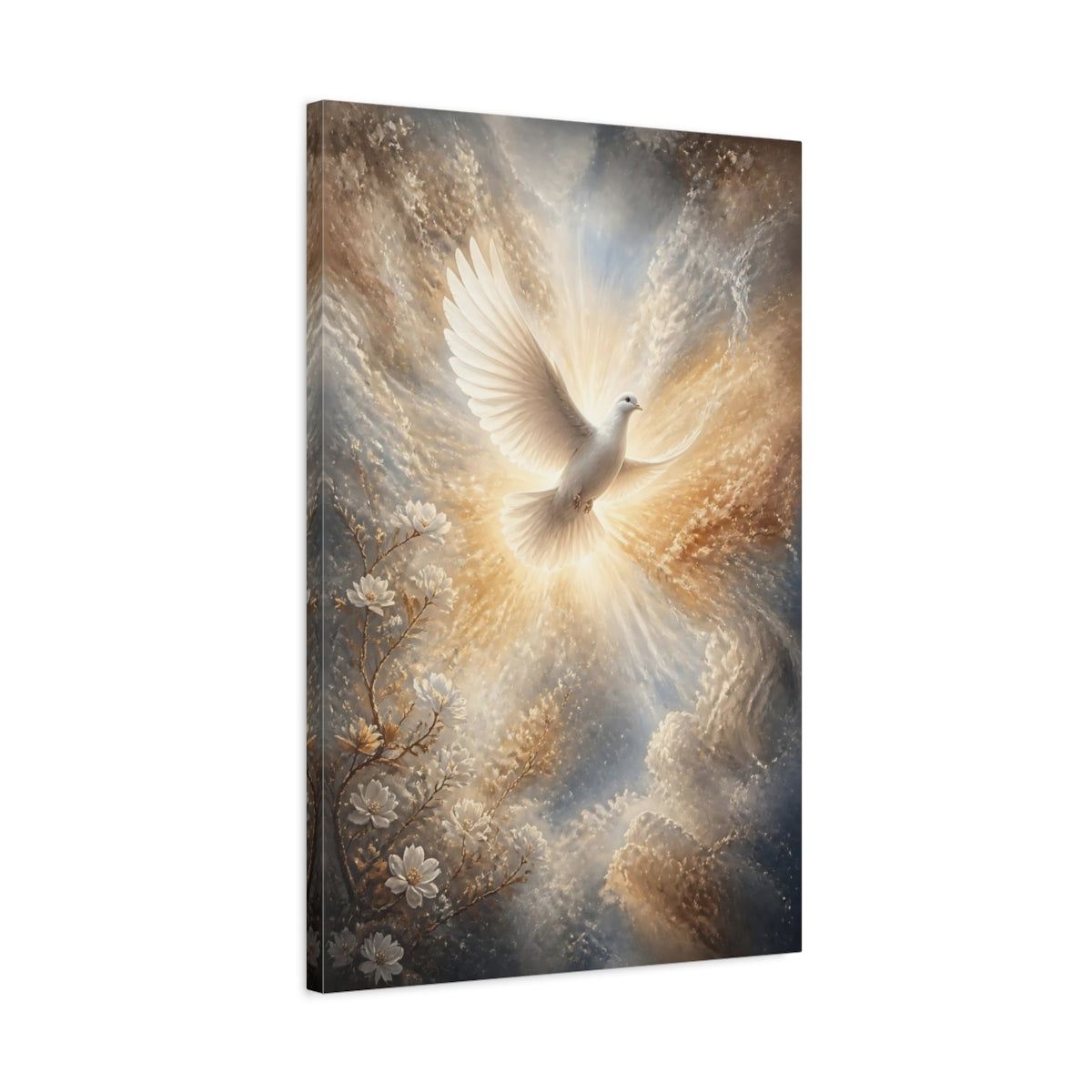 Side Mockup 2. Religious White Dove White Dove Spiritual shown as stretched canvas wall art